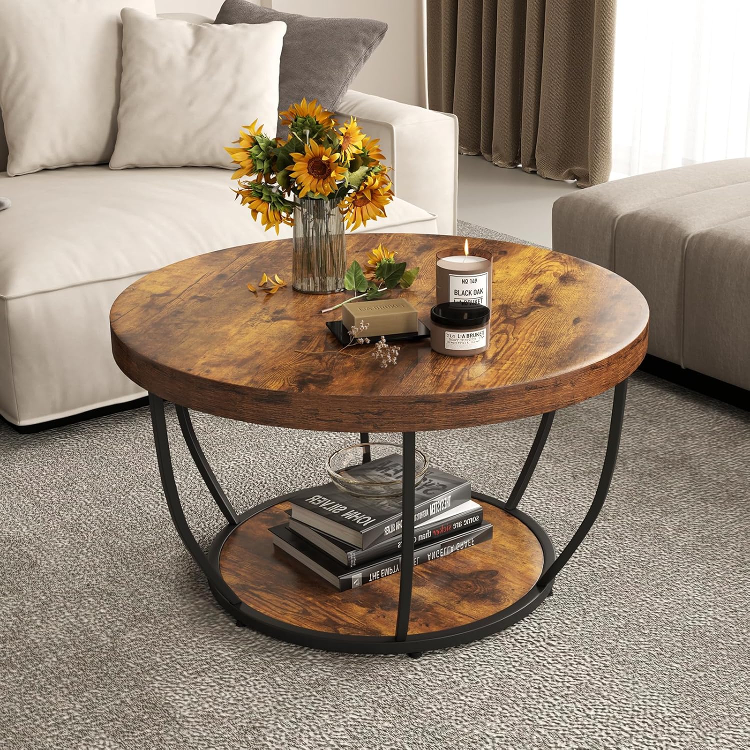 Tavolino da caffè rotondo a 2 ripiani, tavolino ovale da soggiorno, stile industriale rustico moderno con gambe regolabili D. 80 x 45 cm (Rustico) | Leroy Merlin