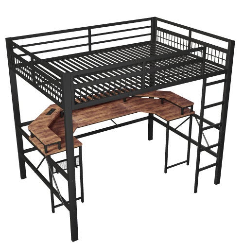 Lit Mezzanine 2 Place avec LED et USBTypeC, Lit Superposé Enfant 140x200 avec bureau et paroi perforée, Structure en fer Noir(Sans Matelas) - 9