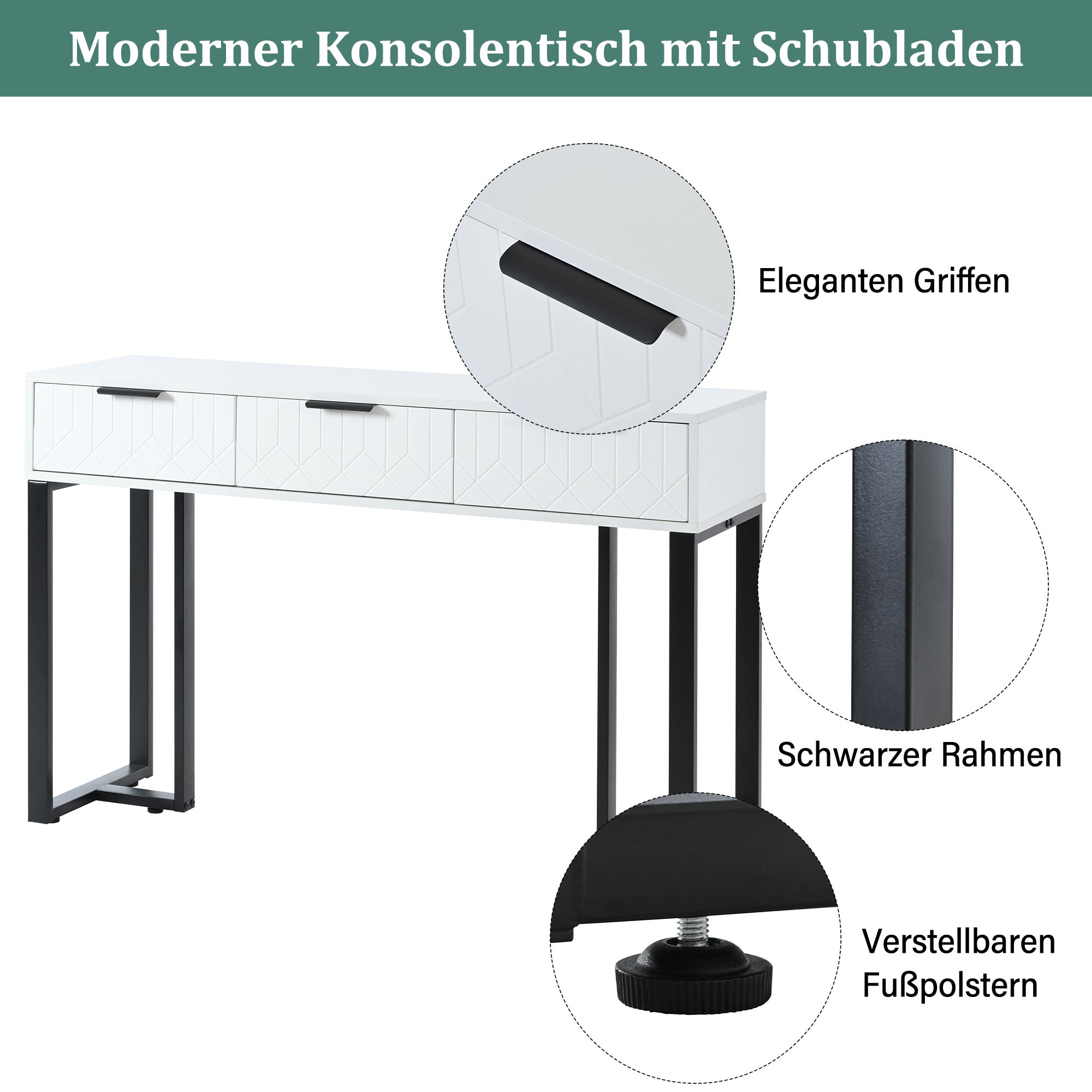 Table console moderne avec 3 tiroirs - 120 x 36 x 80 cm - MDF - pour salon, couloir - blanc + noir - 9