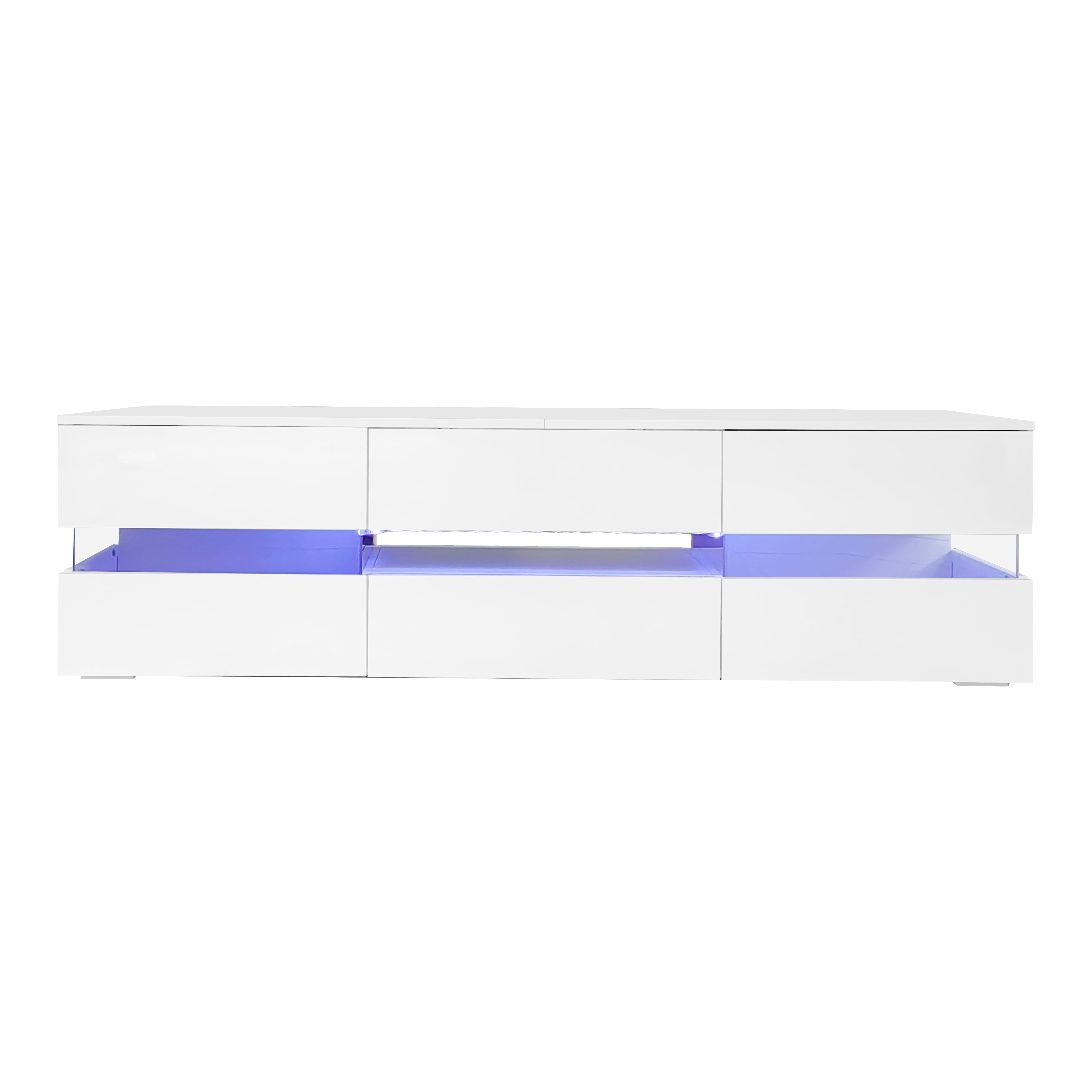 Meuble TV avec 2 portes, 2 tiroirs, compartiment ouvert - 160 x 39 x 45 cm - Panneau de particules - LEDs - Blanc brillant - 7