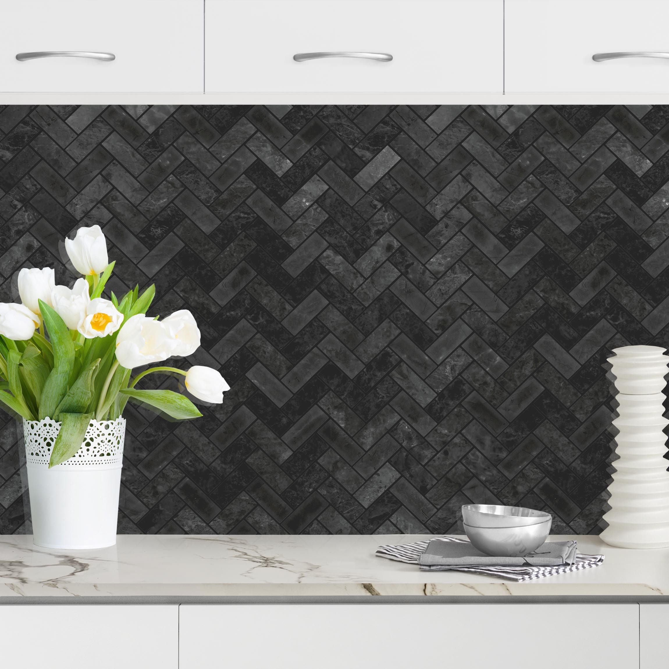 Salpicadero cocina adhesivo - marble fish bone tiles - black dark joints 200 x 50 cm