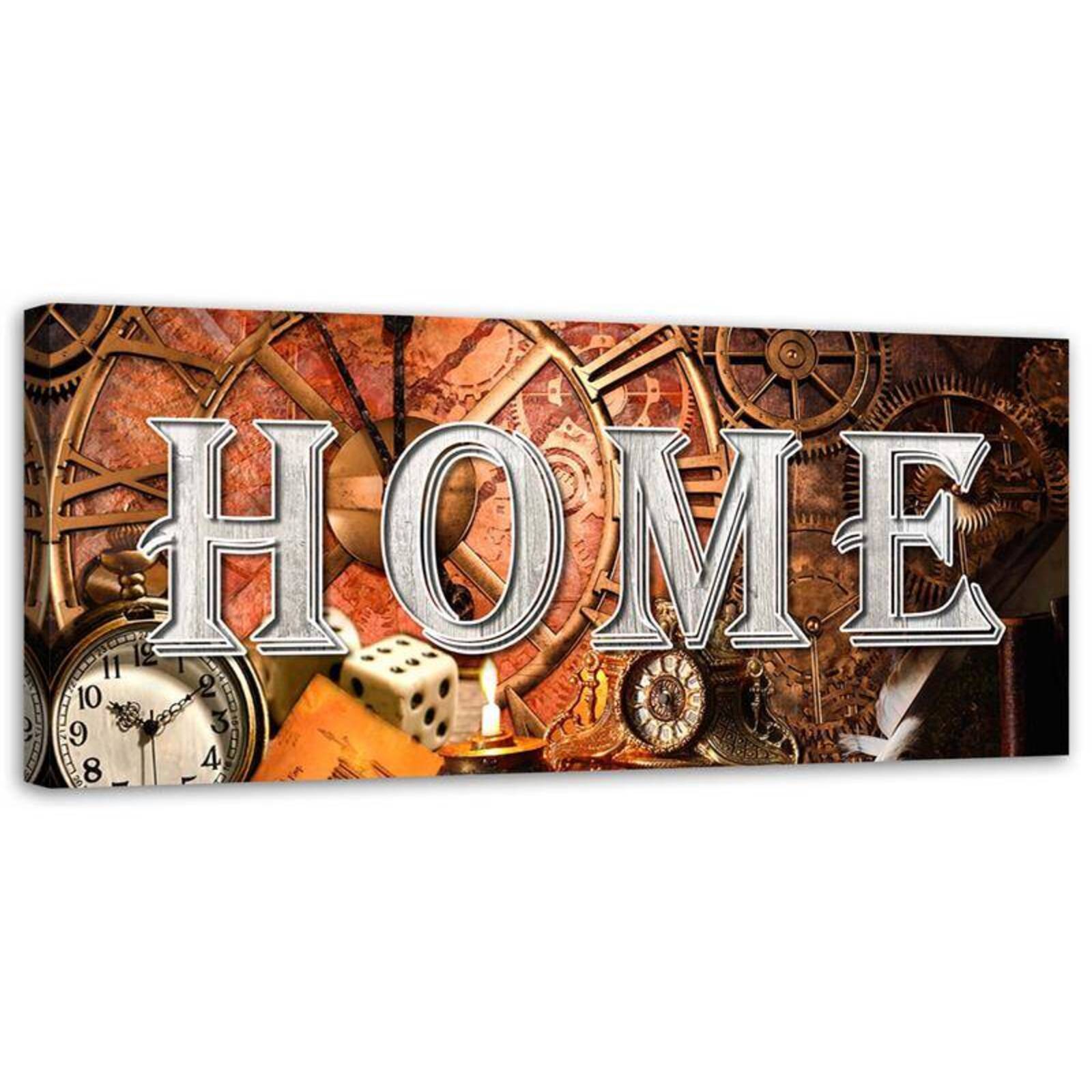 Obraz na płótnie, Napis Home i retro zegary 120x40