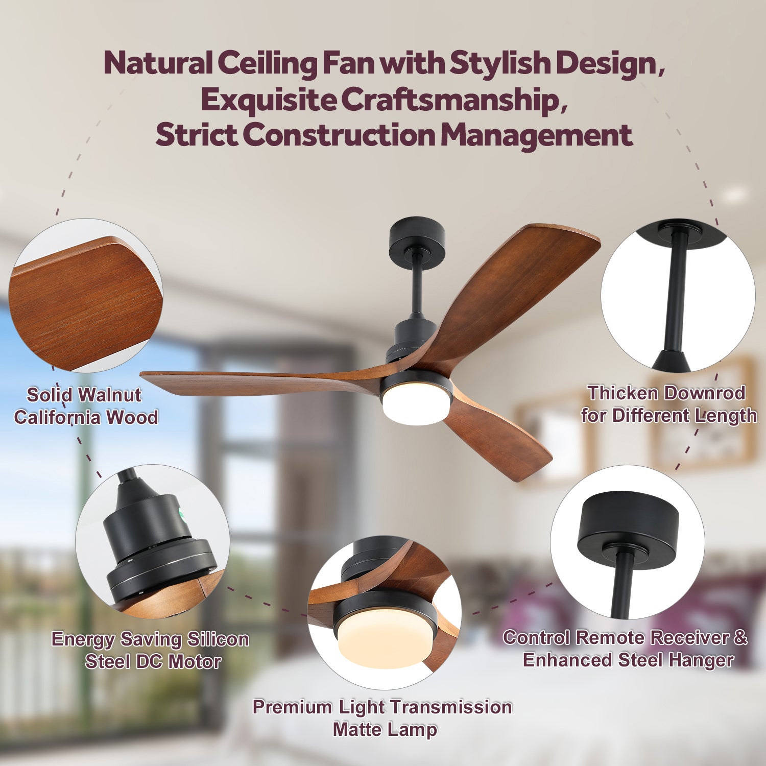 Ventilateur de Plafond Moderne 52 Pouces avec Lumière LED 18W, Moteur DC Réversible à 6 Vitesses, Télécommande, Hauteur Ajustable - 6