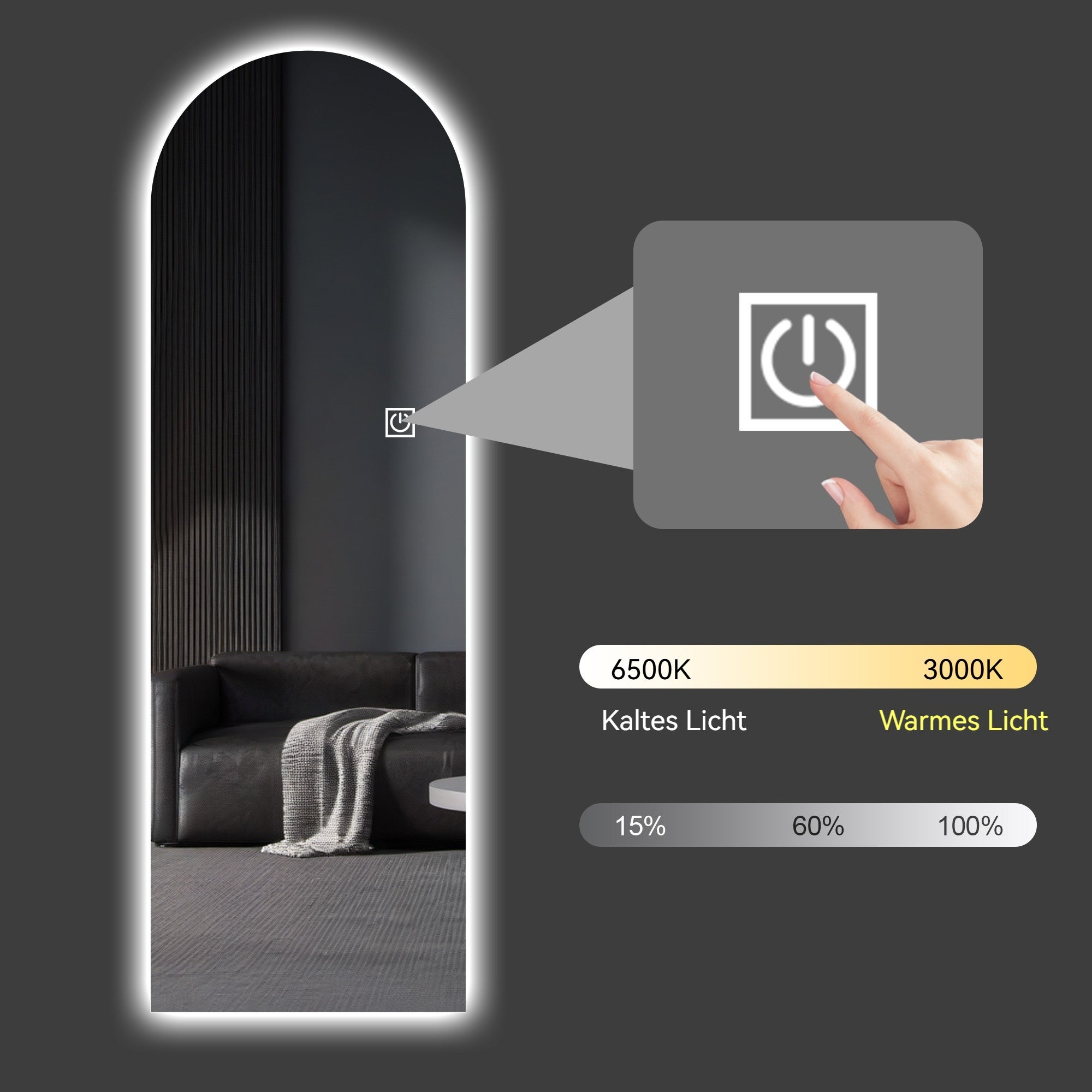 Miroir arqué 165×50 cm, avec éclairage LED à intensité variable, haute résolution, antidéflagrant, à poser ou à fixer au mur - 8