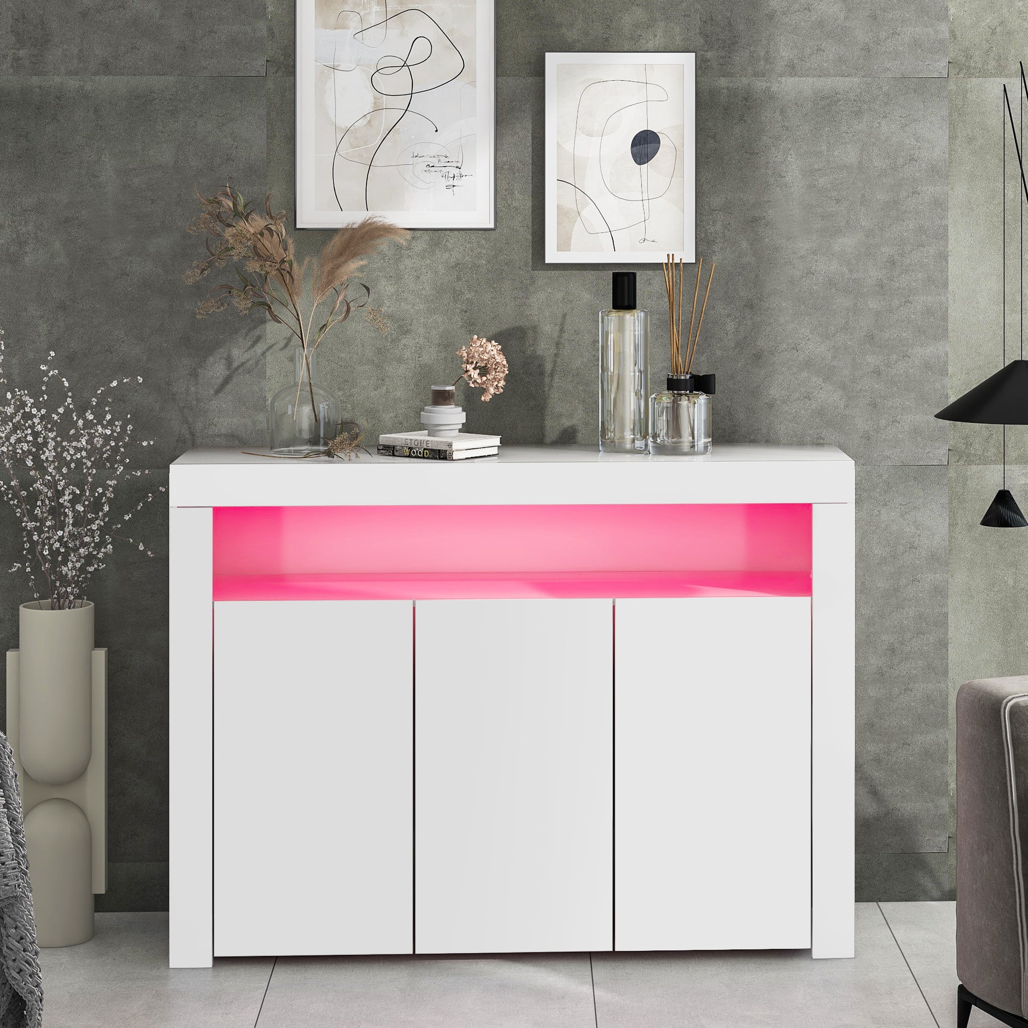 Buffet vitrine blanc laqué brillant avec éclairage LED, meuble de ...