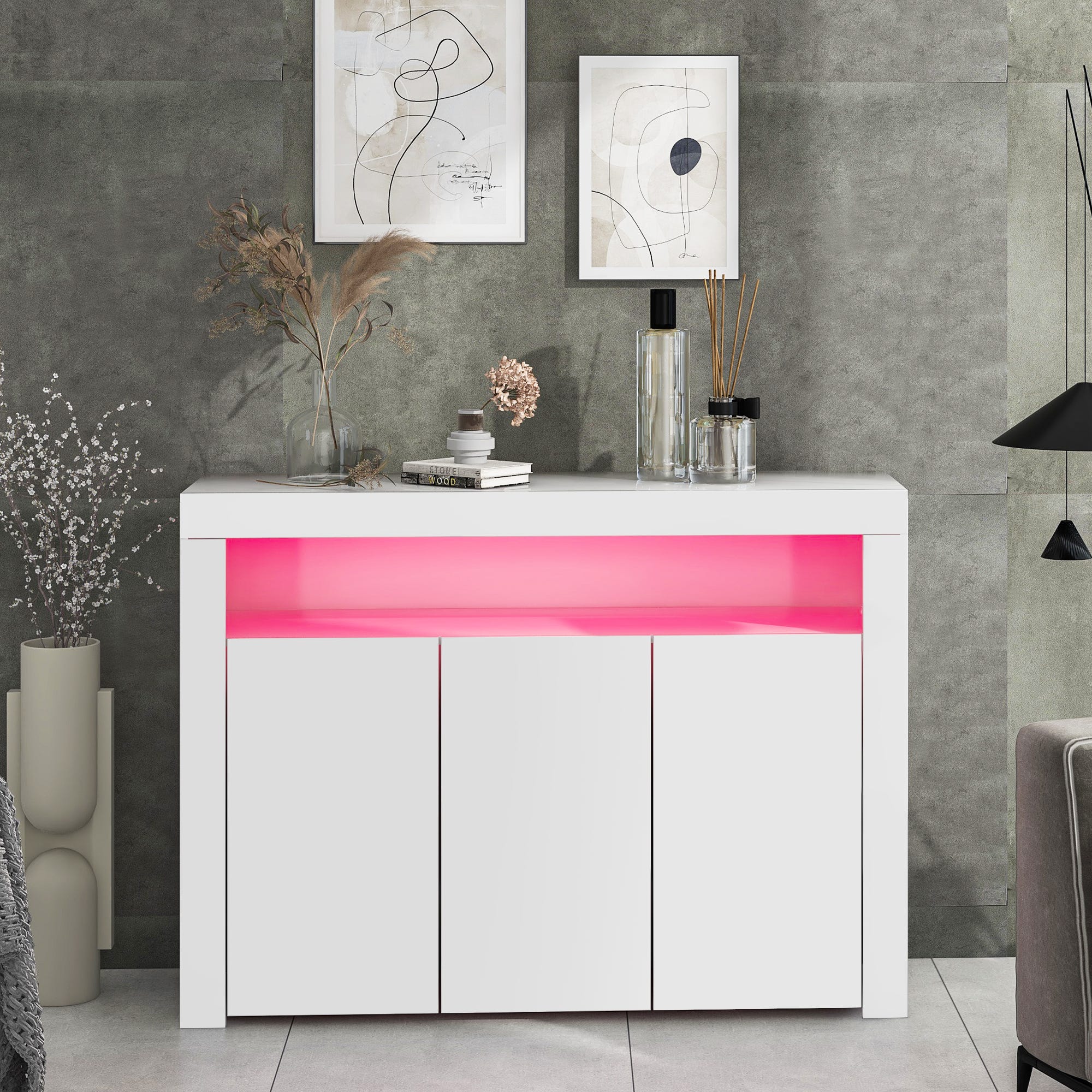 Image Rangement Tele Buffet vitrine blanc laqué brillant avec éclairage LED, meuble de ...