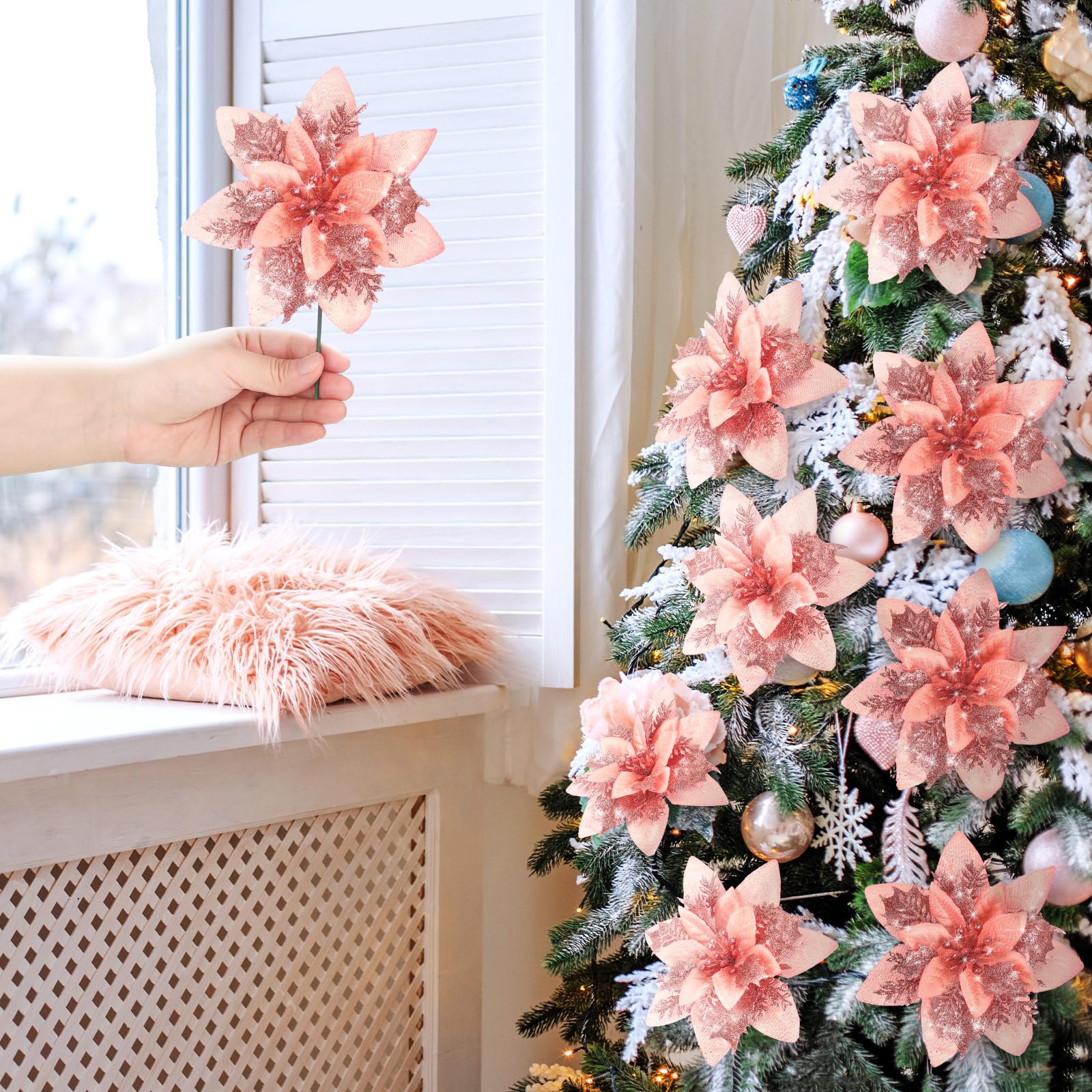 Lot de 50 décorations de Noël, fleurs artificielles scintillantes avec clips, décorations pour sapin de Noël, pendentifs de fleurs artificielles - 6