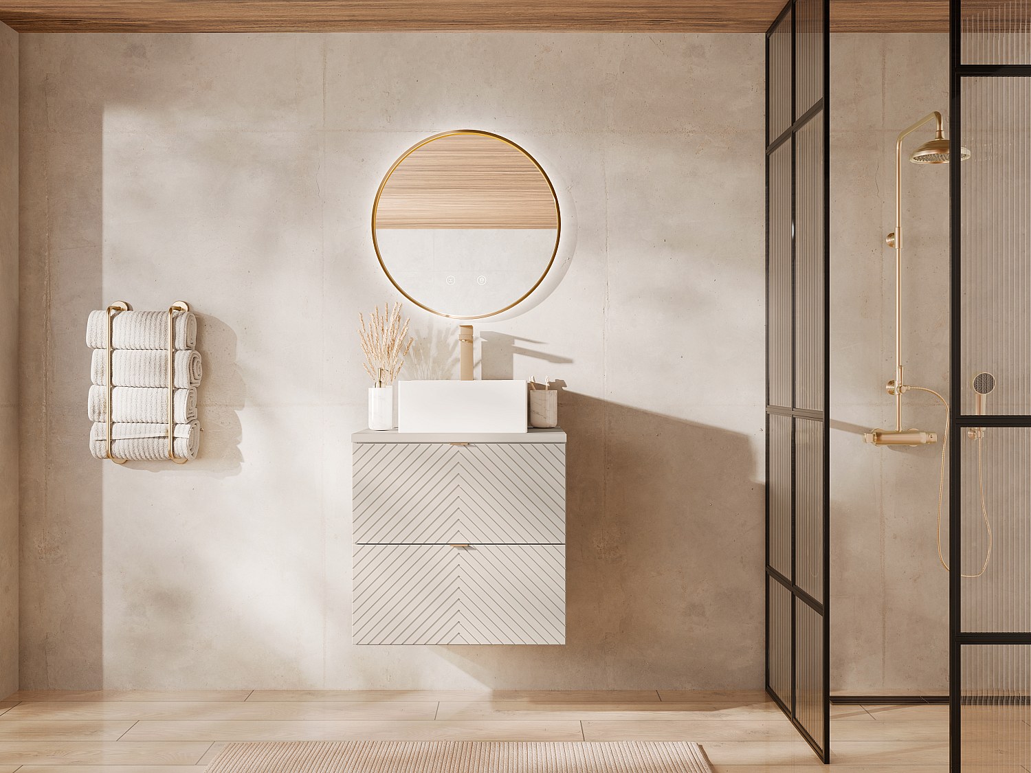 Szafka łazienkowa pod umywalkę wisząca w jodełkę – kolor beżowy – 60 cm – DORIONI