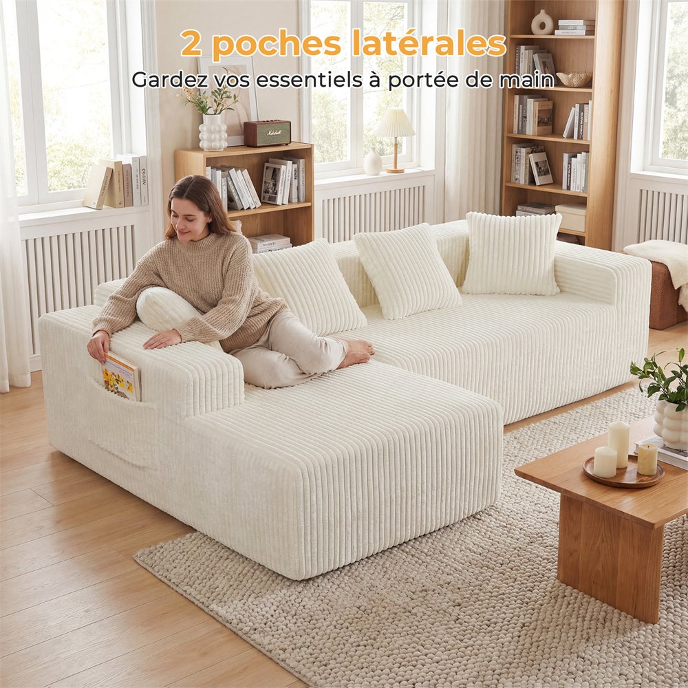 DRIPEX Canapé d'angle gauche en velours côtelé avec 4 coussins,Canapé sans assemblage avec méridienne en L,261×156×80cm,Beige - 7