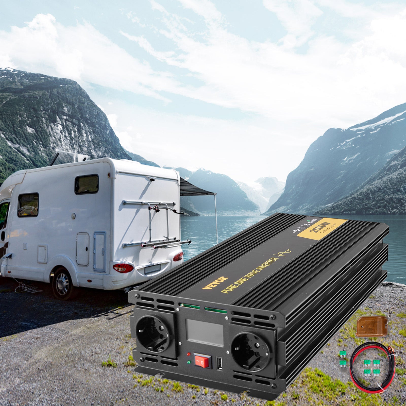 Onduleur à Onde Sinusoïdale VEVOR Pure DC 12V à AC 230V 2500W Convertisseur de Tension Pure Protections de Sécurité avec Télécommande Câble écran LCD - 8