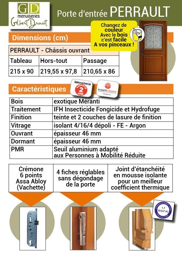 Porte D'entrée Bois Vitrée Perault, H215 X L90 Cm Côte Tableau P. Gauche Gd Menuiseries - 4