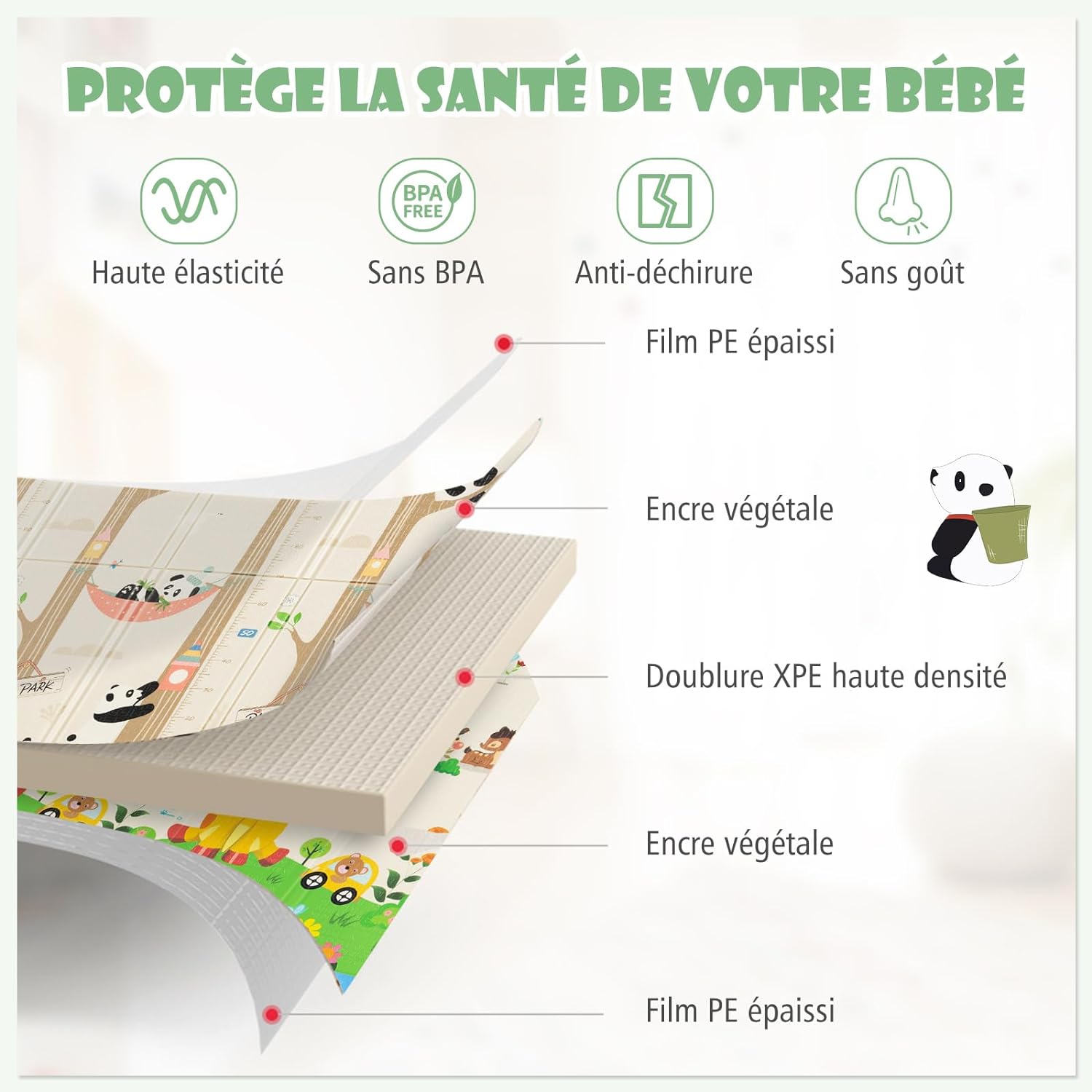 Tapis de Jeu Bébé Pliable 200x180x1,4cm, Tapis de Sol XXL en XPE Imperméable(Girafe+Panda) - 3