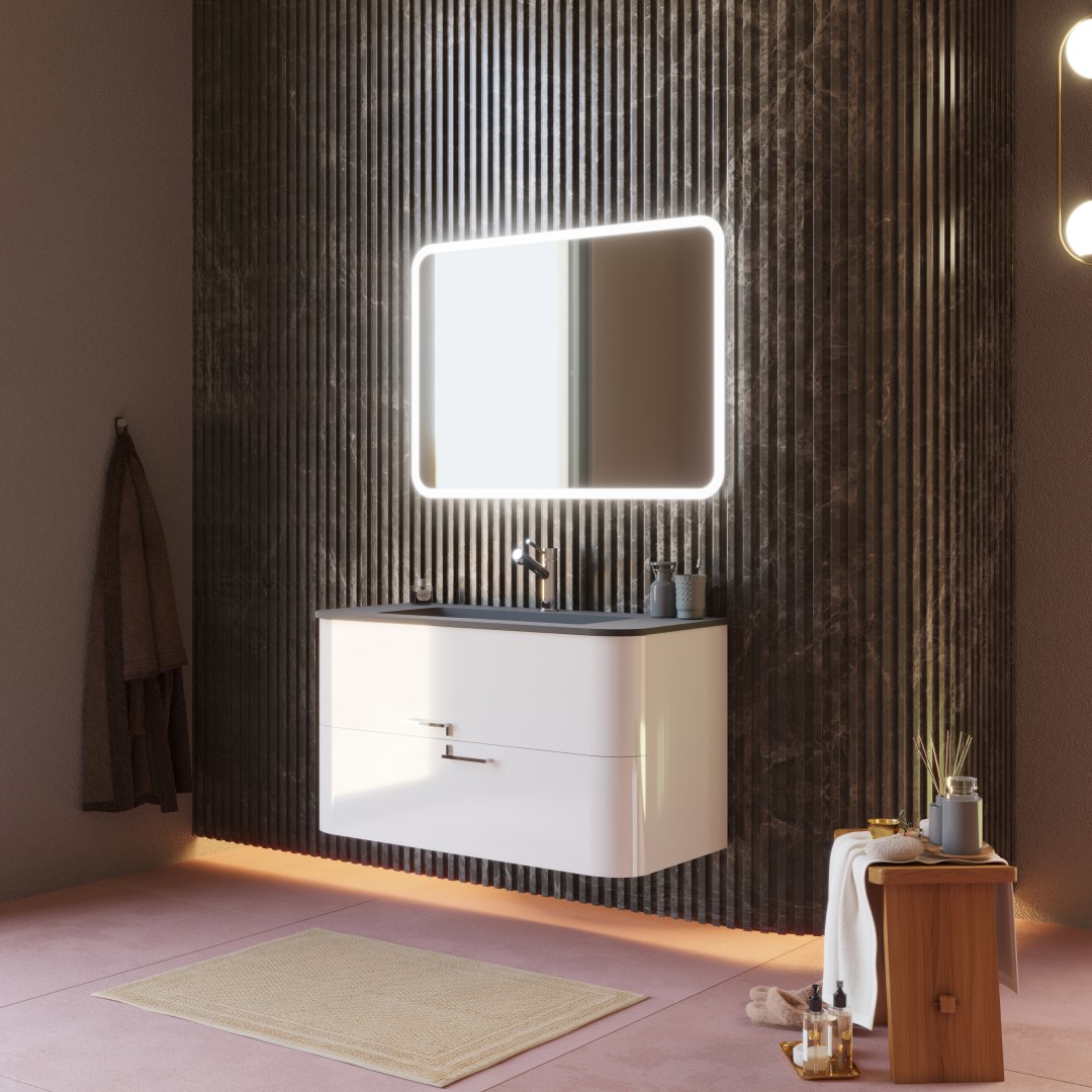 Mueble de baño de pared 100cm blanco brillante cajones con lavabo negro | hollywood