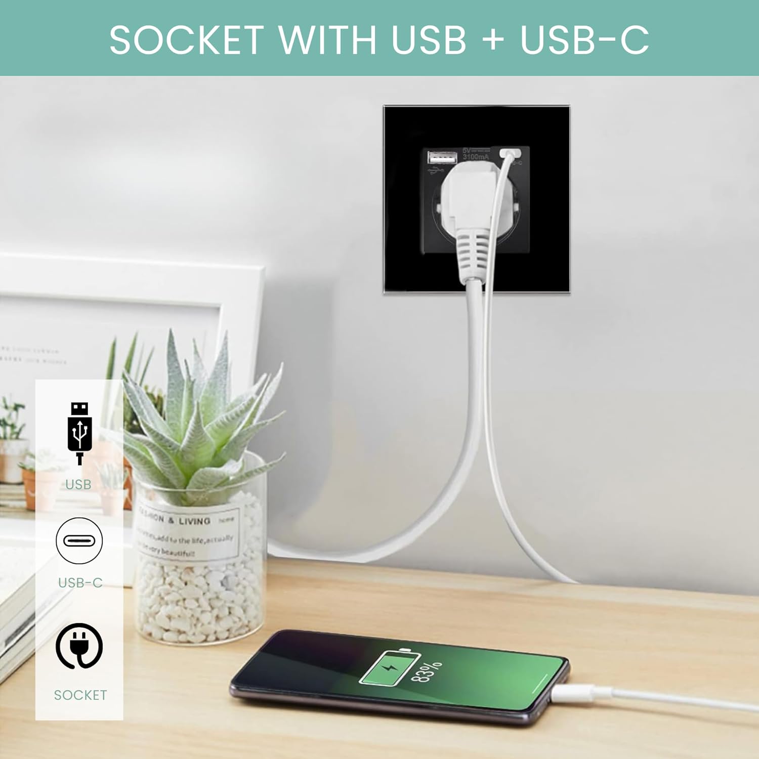 Prise murale 2 pièces avec USB et Type C, prise de courant avec protection  contre les surintensités, prise de courant universelle, 86 mm noir