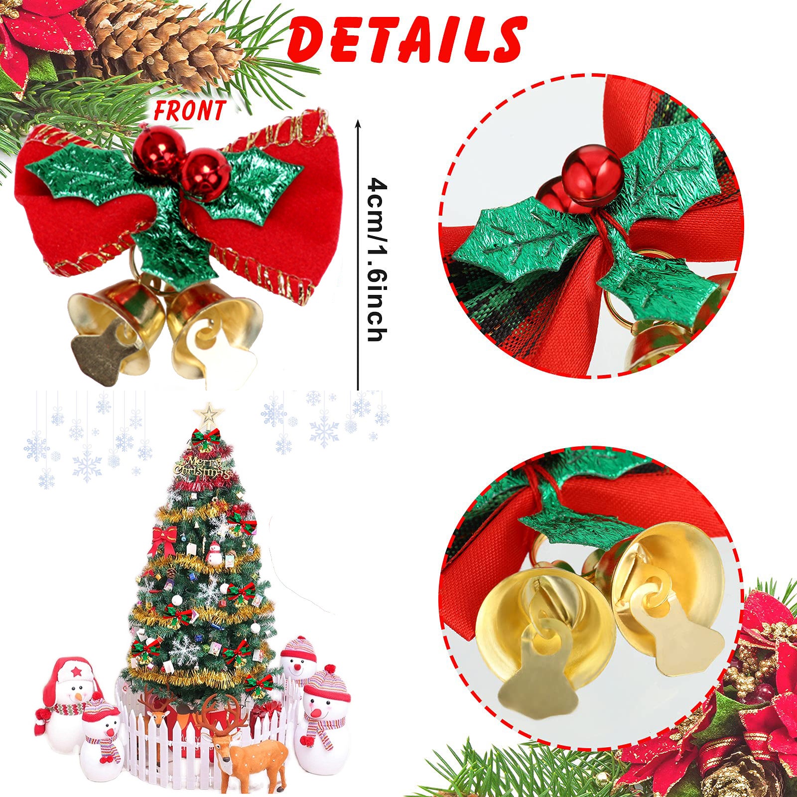 Mini nœud de noël mignon avec cloches, 20 pièces, décoration suspendue pour arbre de noël, ornement de nœud papillon de noël - 2