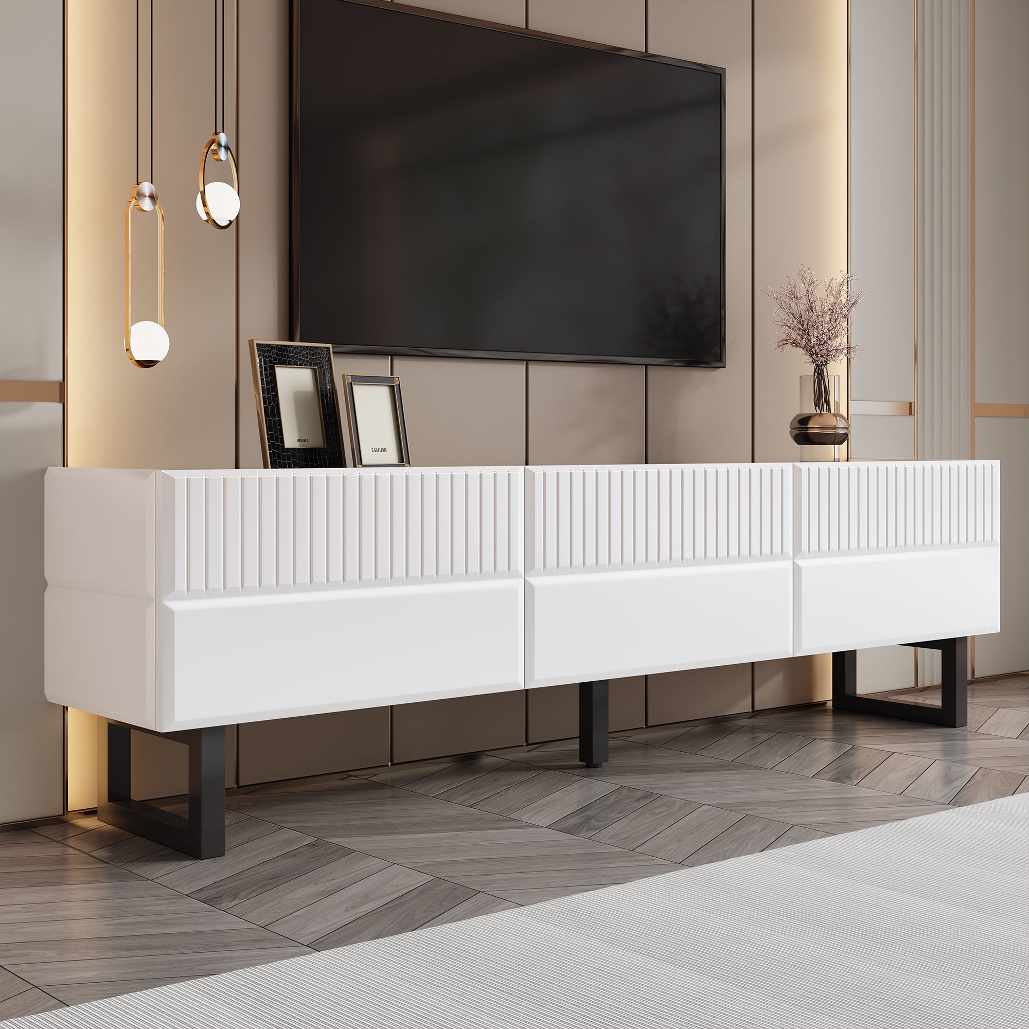 Stojak pod TV z 3 drzwiami - 170 x 35 x 47 cm - Płyta wiórowa, MDF i metalowe nogi - Czarny + biały - 9