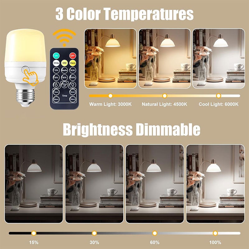 Ampoule LED E27 Rechargeable USB-C 2600mAh – Lampe Urgence 7W Télécommande + Tactile – Blanc Chaud/Froid 3000K-6000K