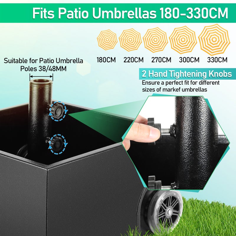 Porte-parapluie à roulettes, base de parapluie, 44,5 x 44,5 x 27 cm, 68 kg une fois rempli, réglable pour mâts de parapluie de 38/48 mm - 4