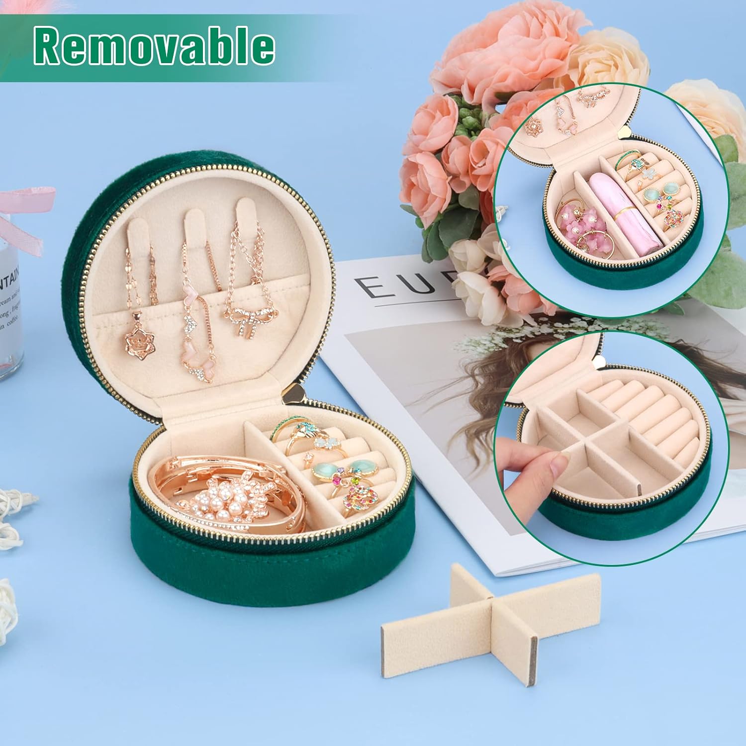Mini coffret à bijoux de voyage en velours, Boîte à bijoux de voyage, Petit organisateur de bijoux pour bagues, Vert foncé - 2