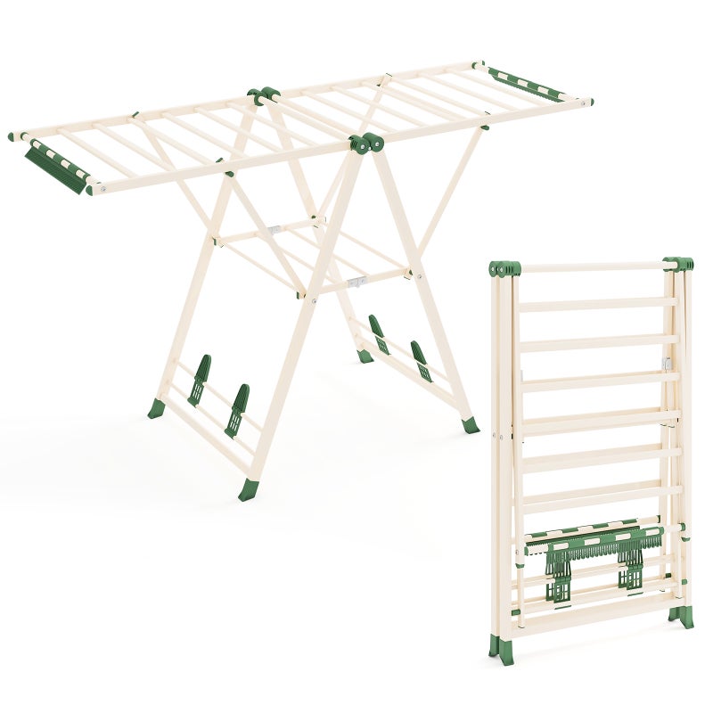 Składana Suszarka do Ubrań, Składana Suszarka do Ubrań na Zewnątrz i do Wnętrz o Regulowanej Wysokości i Bocznymi Skrzydłami, 18 Prętów, Buty, Ubrania