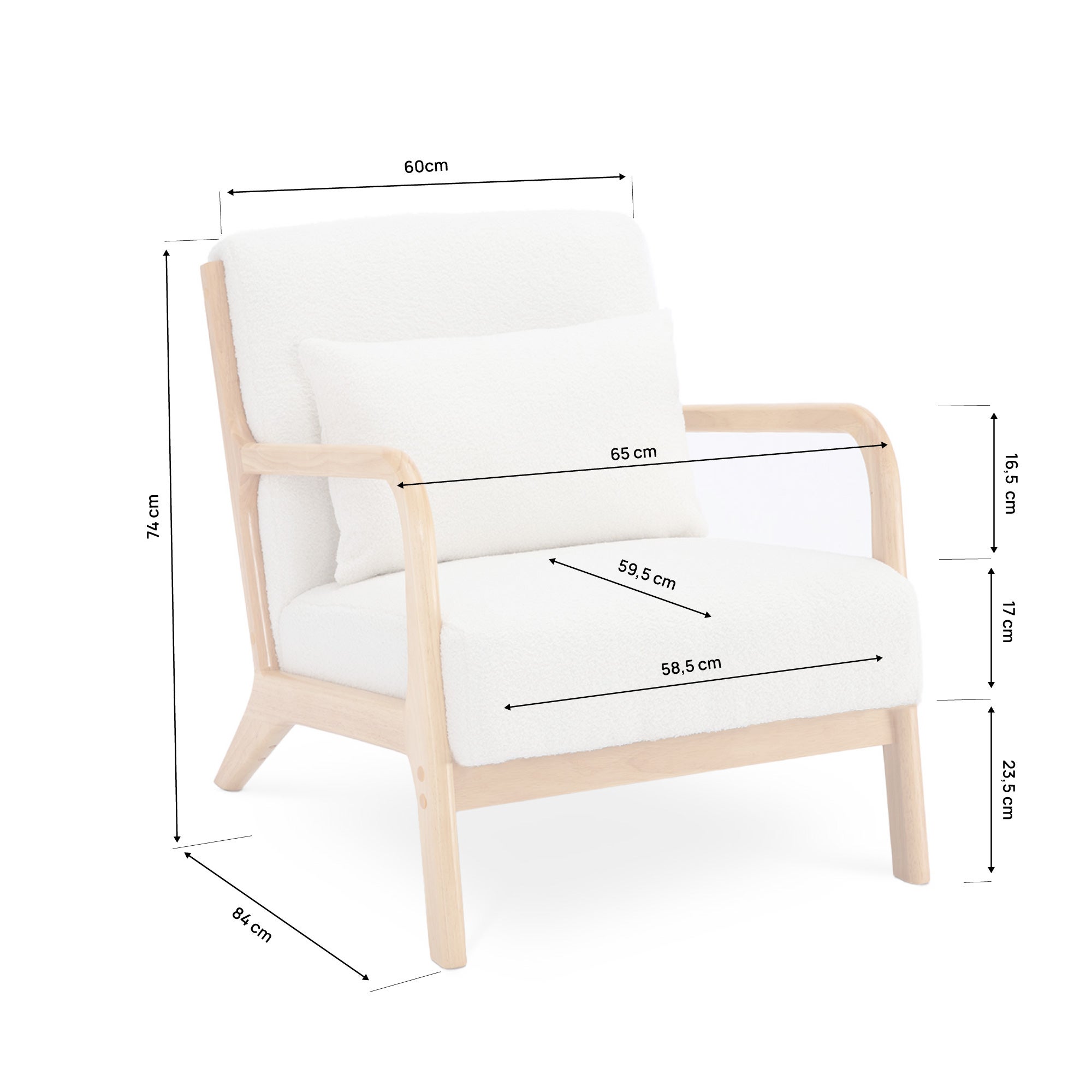 Fauteuil scandinave vintage MARIE bouclette blanc et bois - 2