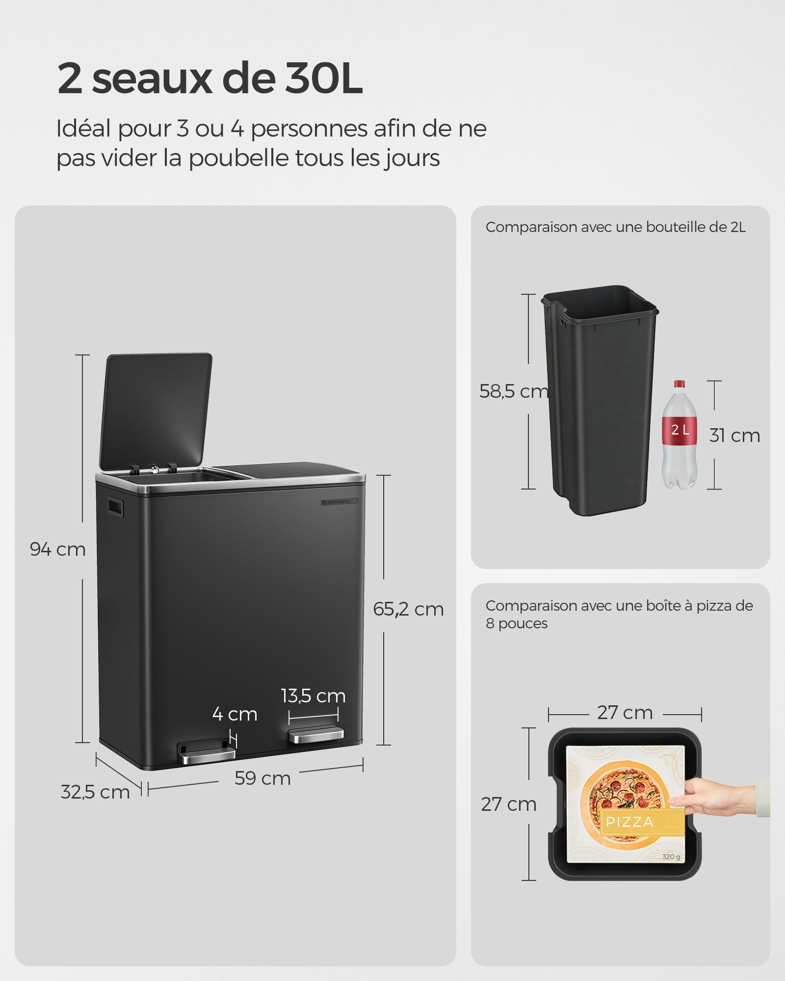 Poubelle Cuisine Tri Sélectif 2 X 30l, 2 Seaux En Plasatique, Avec 15 Sacs Poubelles, Noir - 5