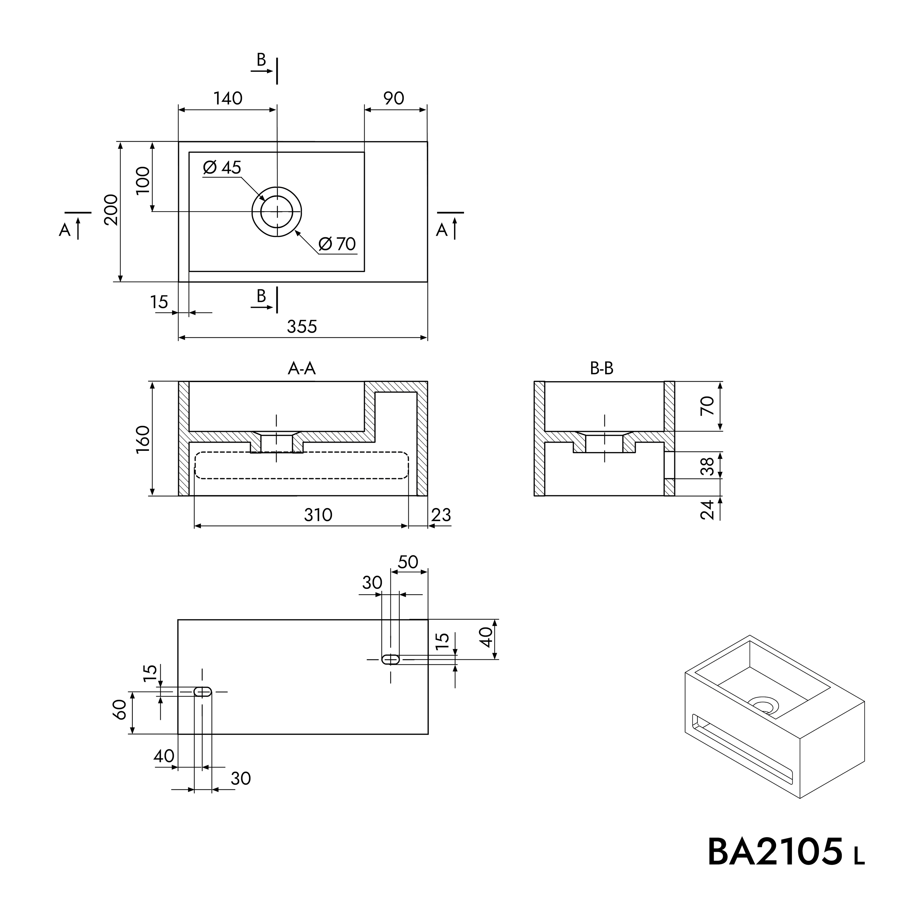BERNSTEIN - Vasque murale design, Lave main fonte minérale Salle de bain - Blanc mat - 35,5x20x16cm - BA2105 Sans cache, Espace de rangement à droite - 5