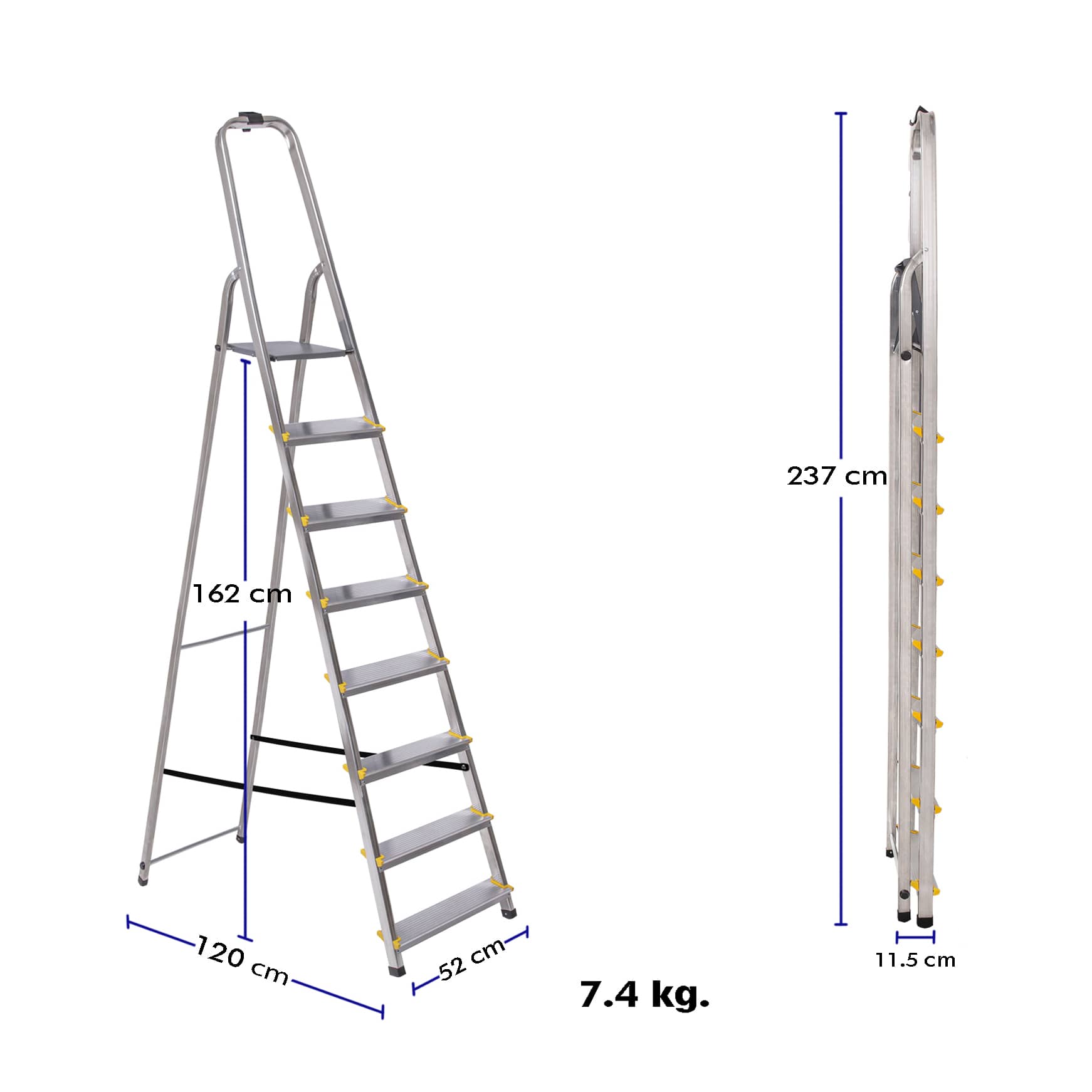 HOSTRÖM Escabeau 8 marches DURA pliable, marchepied léger en aluminium, hauteur plateforme 162cm, pieds antidérapants, charge 150kg, garantie 5 ans - 5