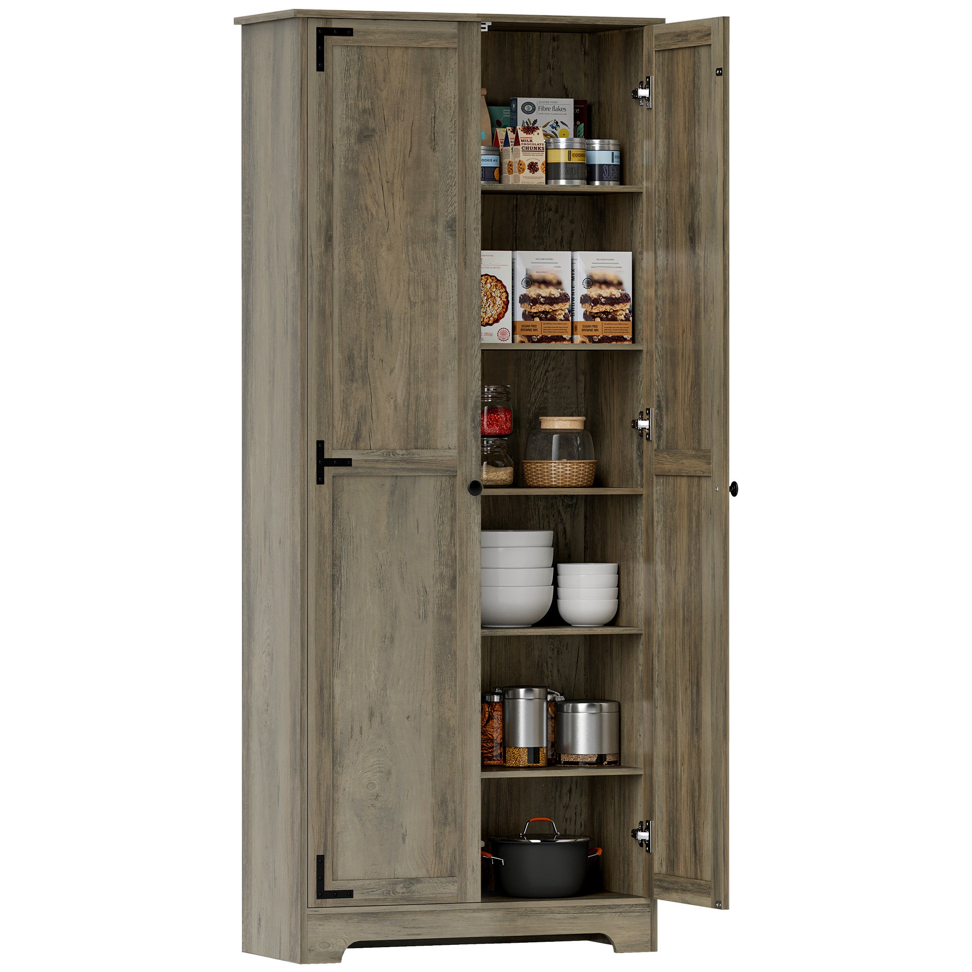 Leroy Merlin Farmhouse Kitchen Cupboard, Freestanding Kitchen Storage Cabinet With Adjustable Shelves, Tall Storage Cabinet With Recessed Doors, Grey Wood-Effect Negro/Gris 