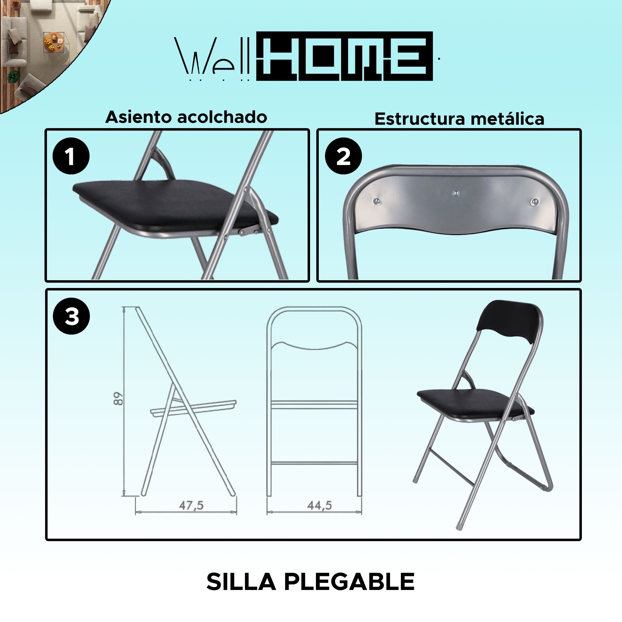 WELL HOME MÓVEIS E DECORAÇÃO Cadeira BATA dobrável preta acolchoada com estrutura metálica 44,5x47,5x89 cm - 2