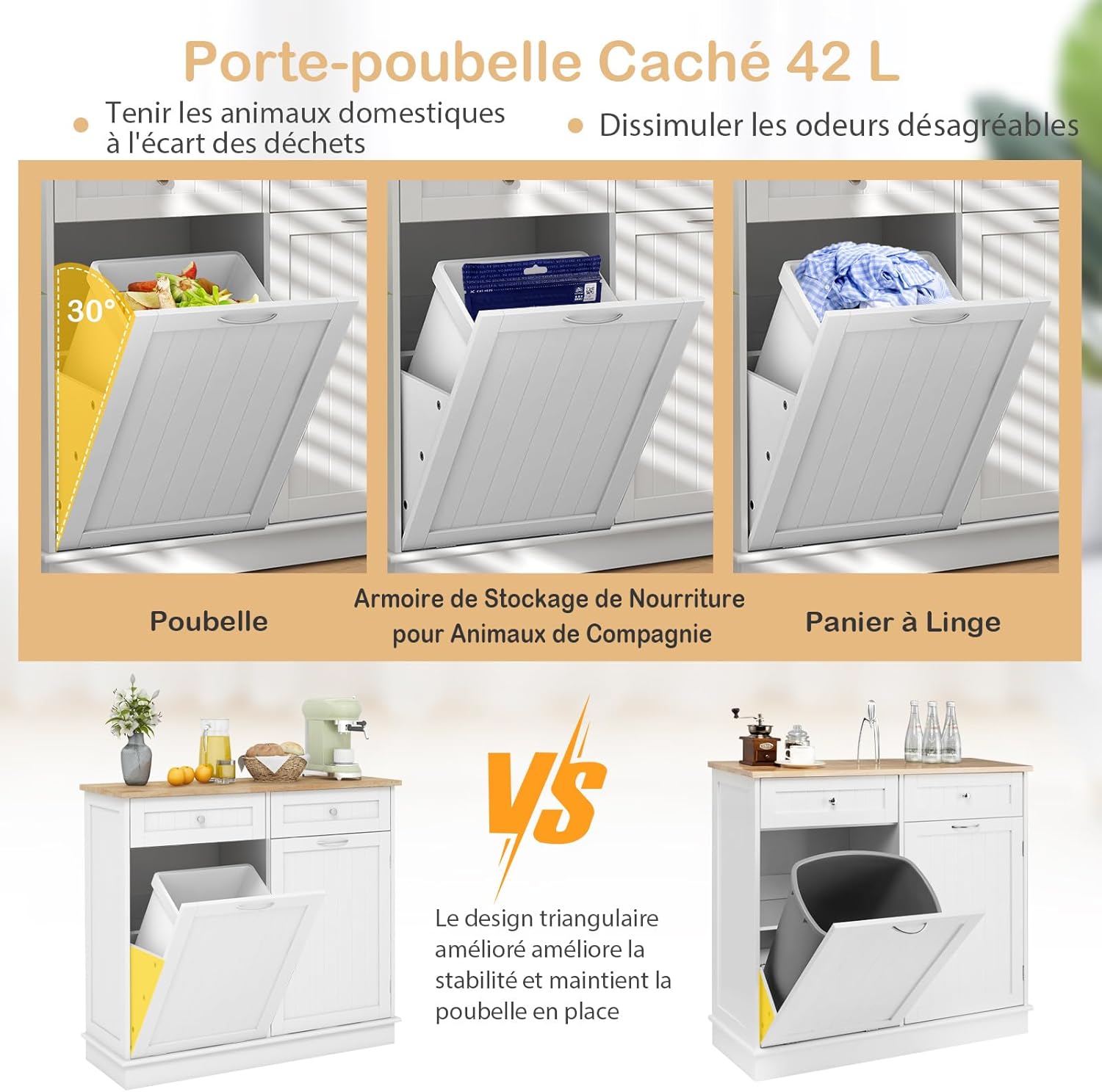 Buffet de Cuisine avec 2 Tiroirs et Placard Poubelle 42L(sans Seau), Plateau en Bois Massif, 100 x 35 x 91 cm, pour Cuisine, Salle de Bain, Blanc - 2