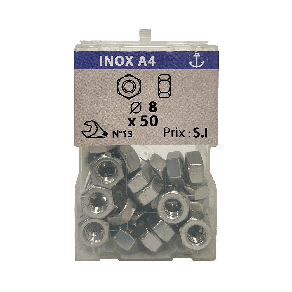 Boite 50 écrous hexagonaux Ø 8mm inox A4 - Vissal | Leroy Merlin