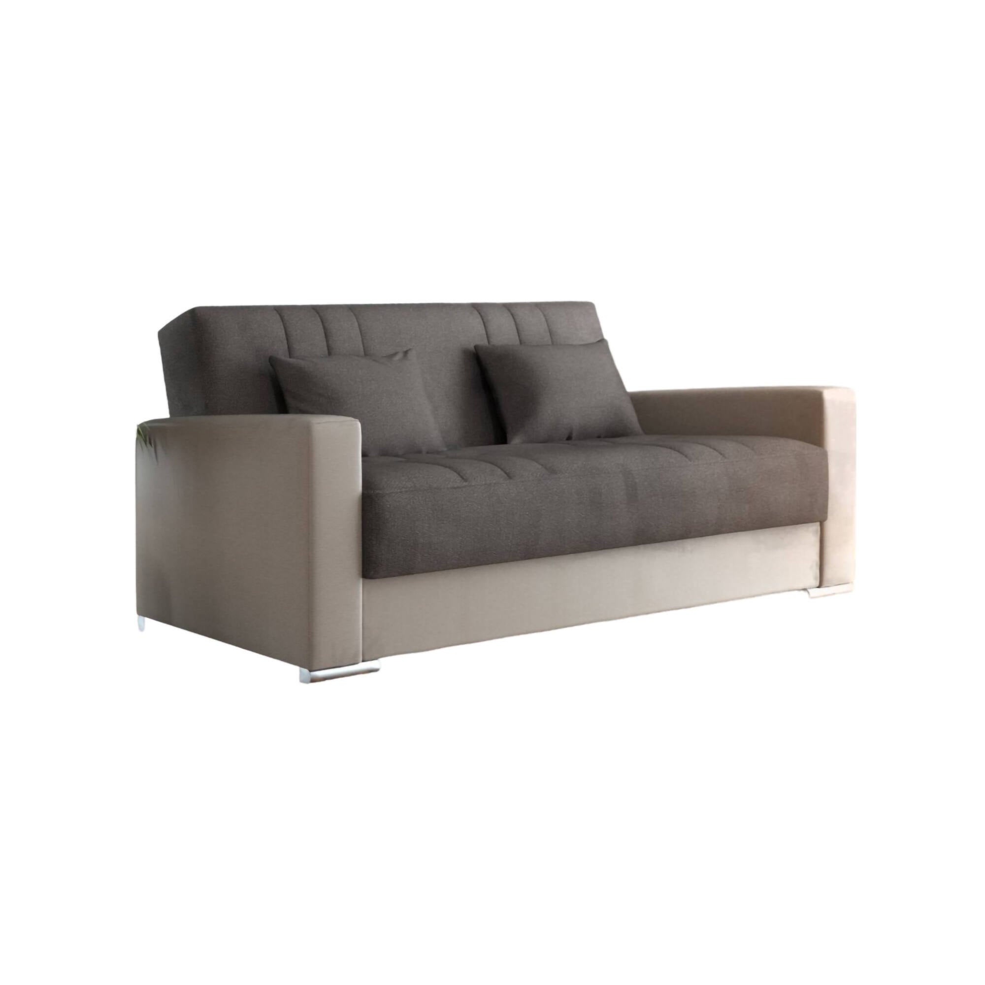 Sofá cama 3 plazas arix, sofá contenedor en ecopiel y tela, sofá con apertura click-clack y 2 cojines, 230x96h101 cm, beige y gris