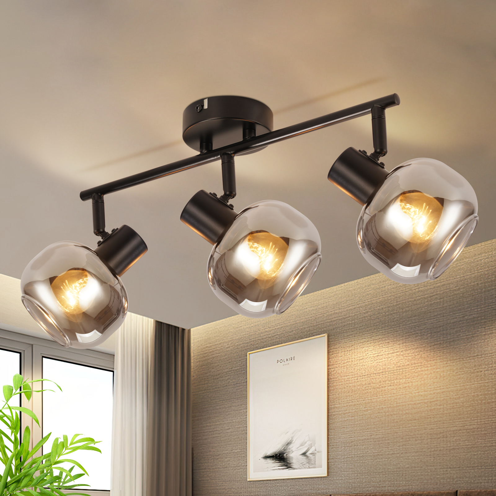 ZMH Lampa sufitowa do salonu 350° obrotowa, przydymiona szara szklana lampa retro do korytarza do kuchni