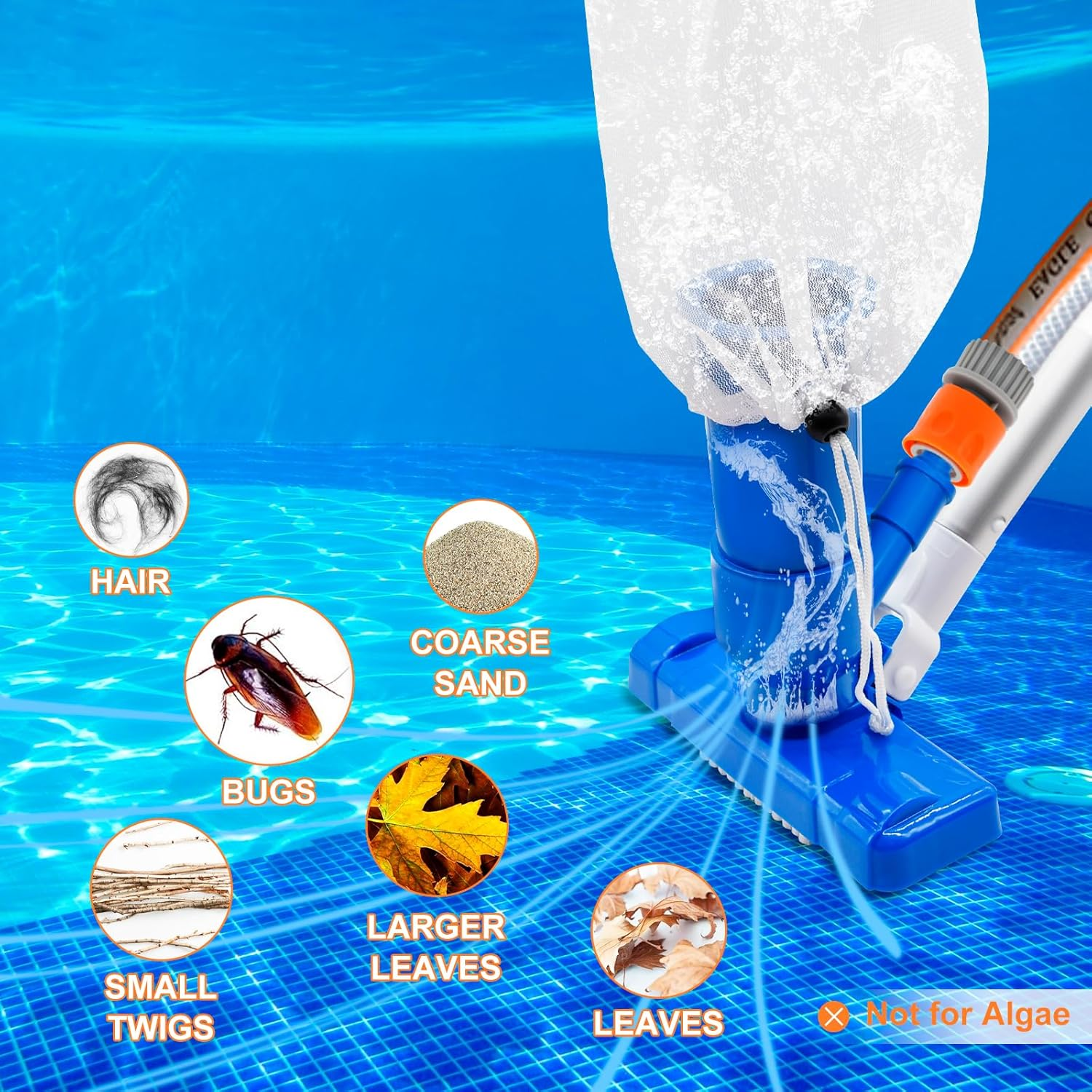 Aspirateur à jet pour piscine et spa avec brosse et manche de 140 cm, aspirateur portatif pour piscine hors sol/gonflable, étang, spa, lac et fontaine - 2