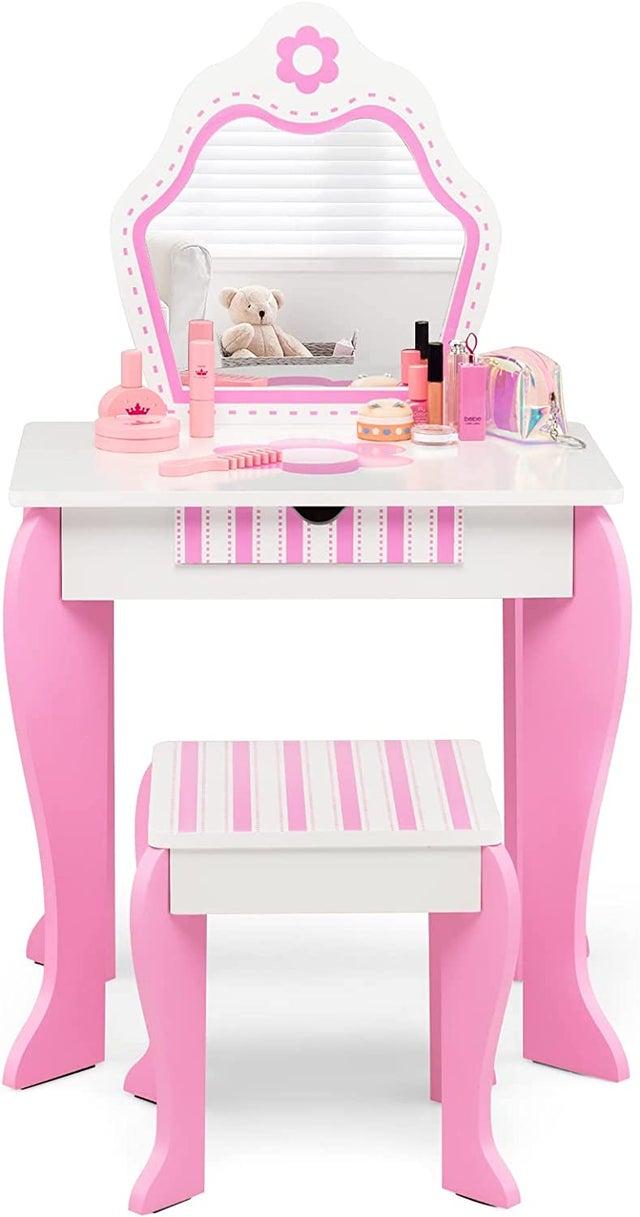 Coiffeuse Avec Tabouret Pour Fille - 3 Tiroirs, Miroir Ovale, En Bois Blanc (à Monter)