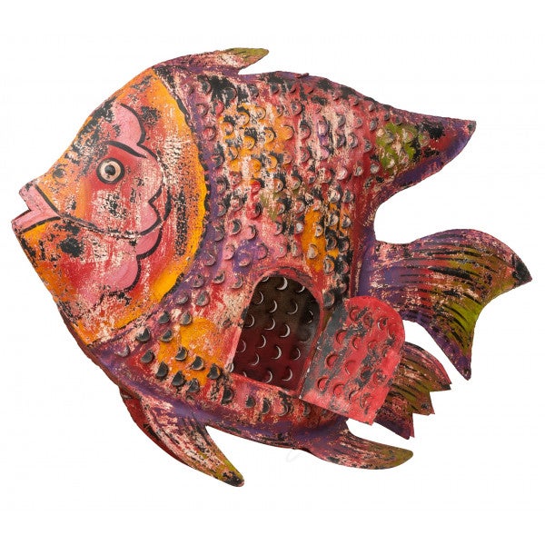 Lanterne Suspendue Poisson Métal Peint à La Main - Bougeoir Pour Bougie Chauffe-plat, Style Tropical