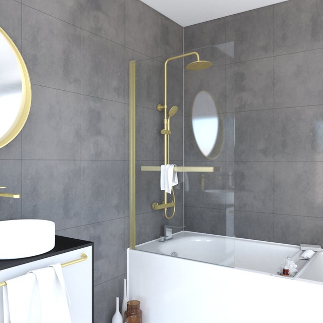 Pare baignoire Pivotant avec Porte-Serviette 85x150cm - Or Doré Brossé - Verre 6mm - TSHAPE GOLDY