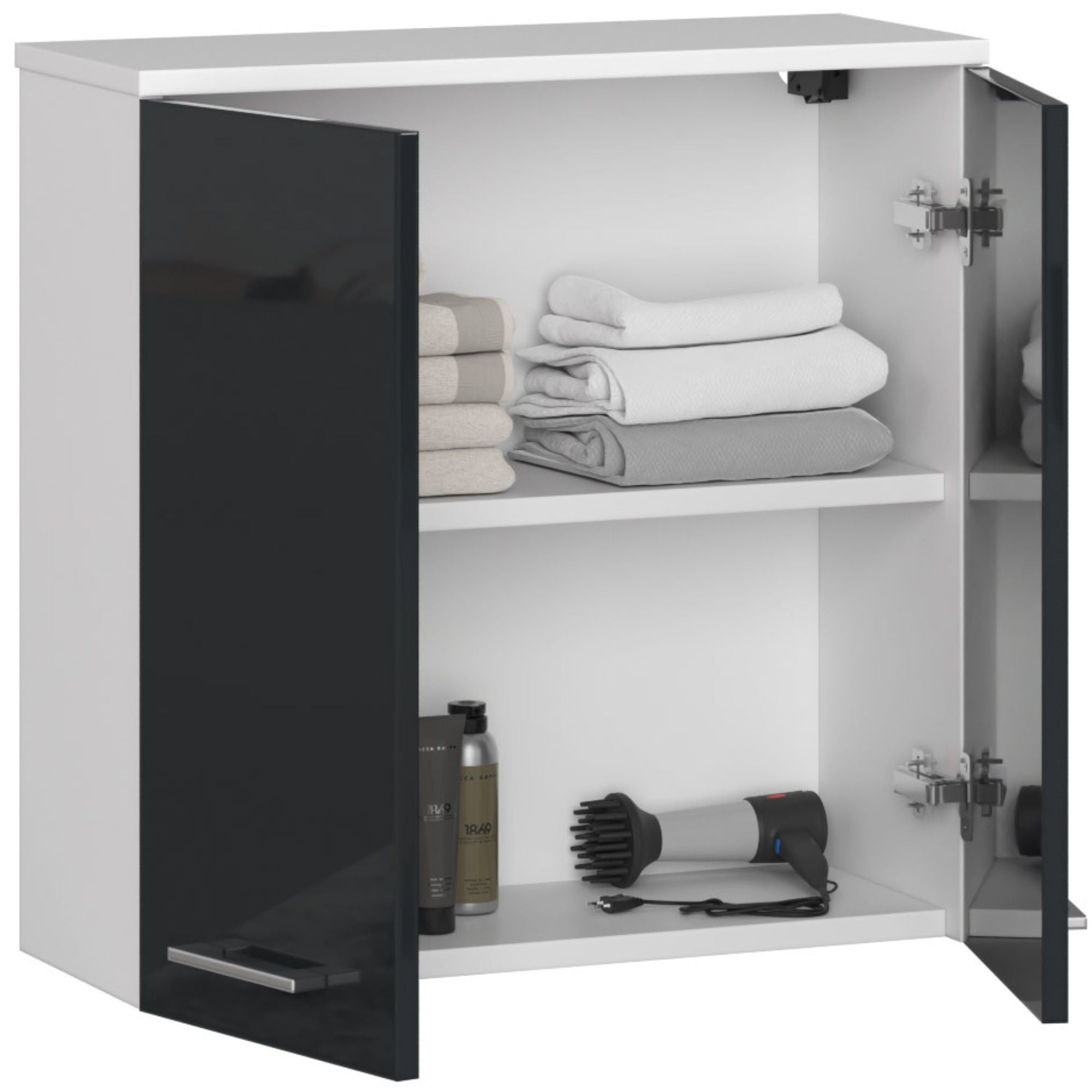 Szafka łazienkowa wisząca: 2 drzwi, 2 półki, kolor biały | połyskujący grafit, szer.: 60 cm, wys.: 60 cm, gł.: 22,5 cm. - 2