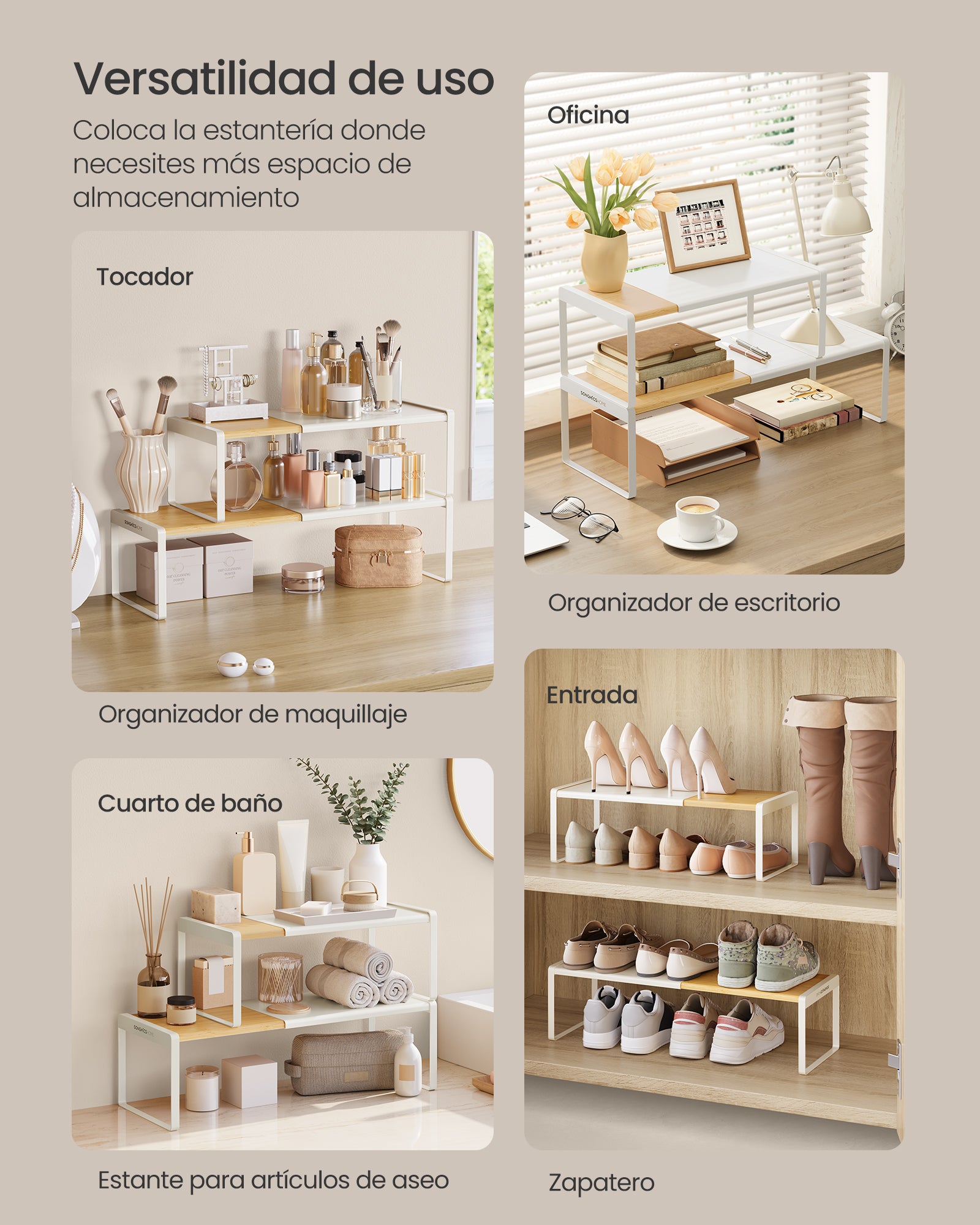 Especiero Extensible, Juego de 2, Organizador de Cocina, Estante Apilable, Beige y Blanco - 5