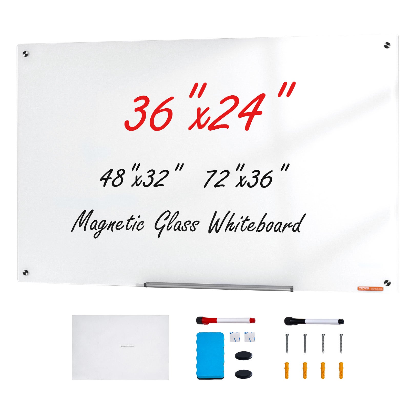 Tablica magnetyczna ze szkła, tablica ścienna suchościeralna 90 x 60 cm, biała tablica szklana do montażu na ścianie bez ramki, z półką na pisak VEVOR