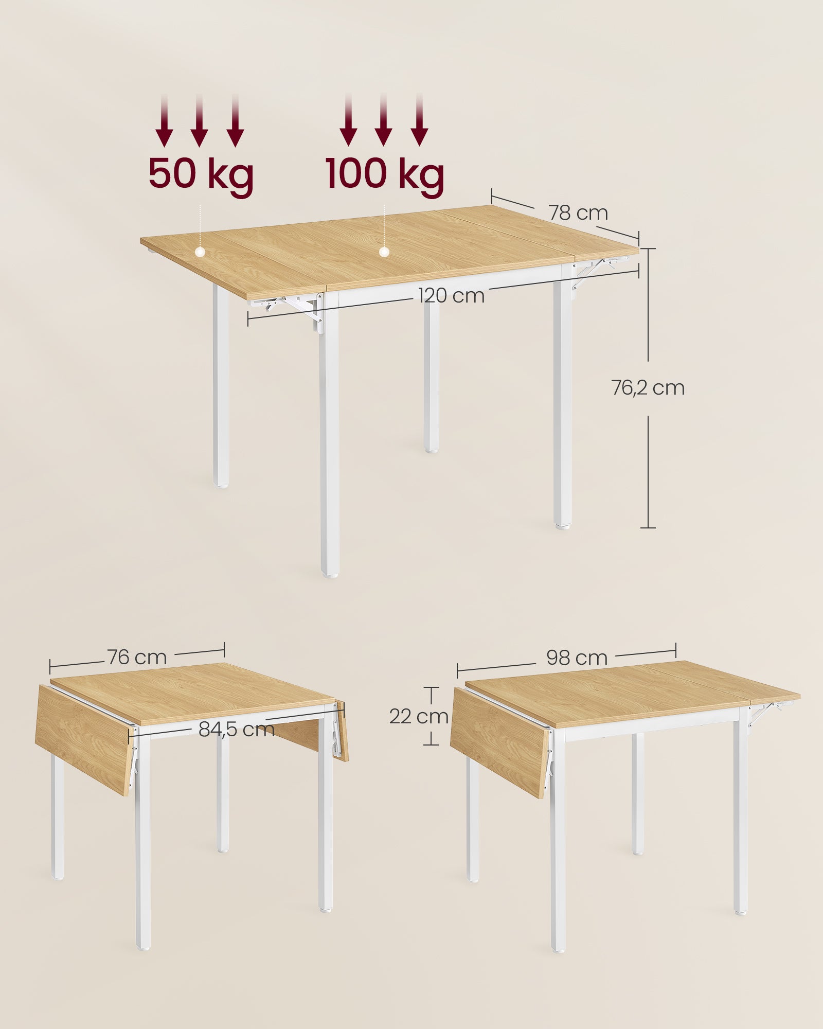 Table de Salle à Manger Pliable, Extensible, pour 2 à 4 Personnes, Rectangulaire, avec Abattants, Couleur Chêne Naturel et Blanc Nuage - 5