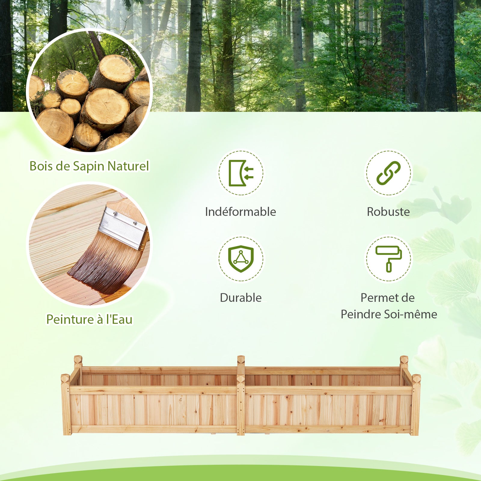 Jardinière Rectangulaire 227 x 59,5 x 40 cm avec Séparateur, Système de Drainage, Doublure, pour Cultiver des Légumes, Fleurs, Naturel - 6