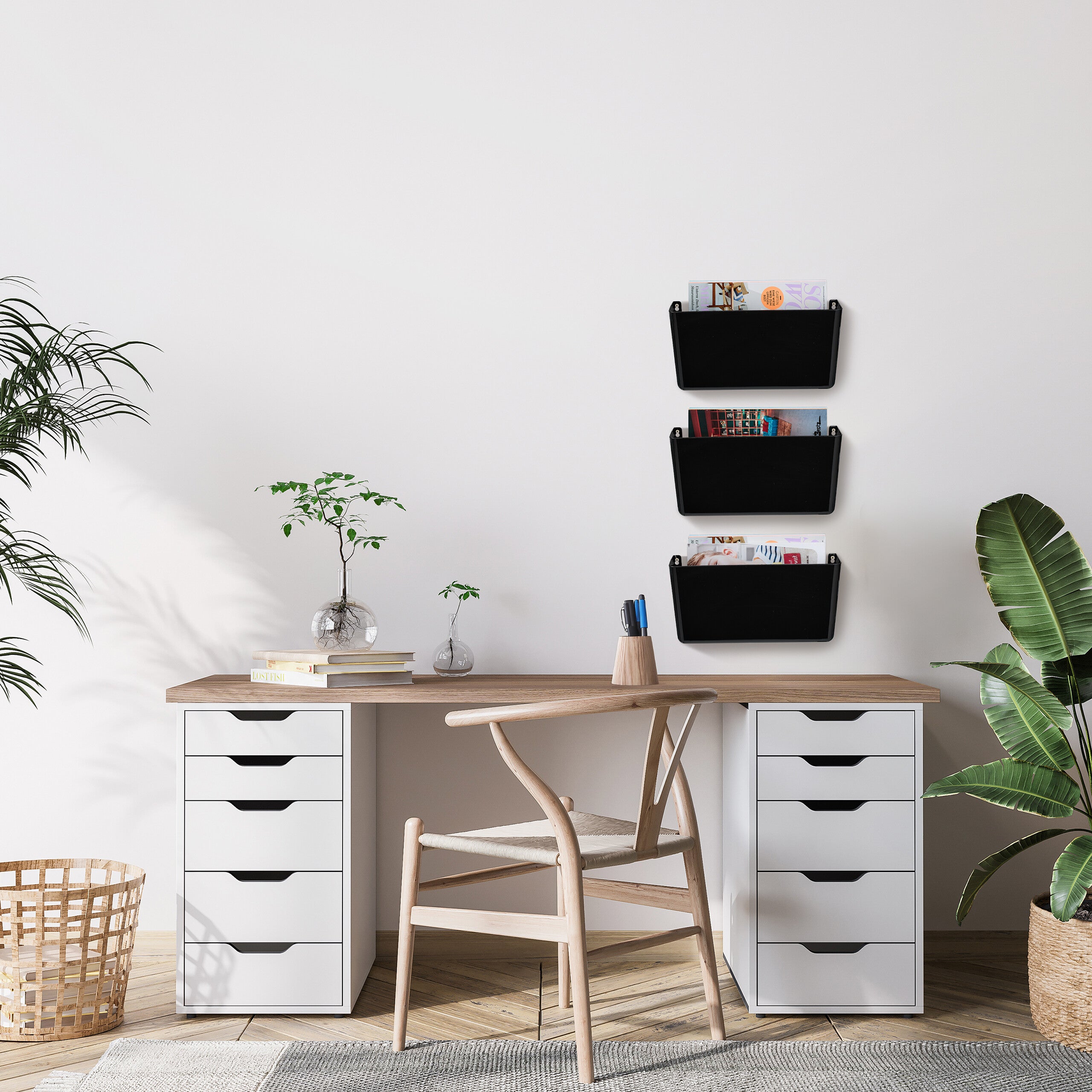 Porte-documents mural en lot de 3, plastique, pour magazines et journaux, HLP : 19 x 33 x 10,5 cm, noir, Relaxdays - 5