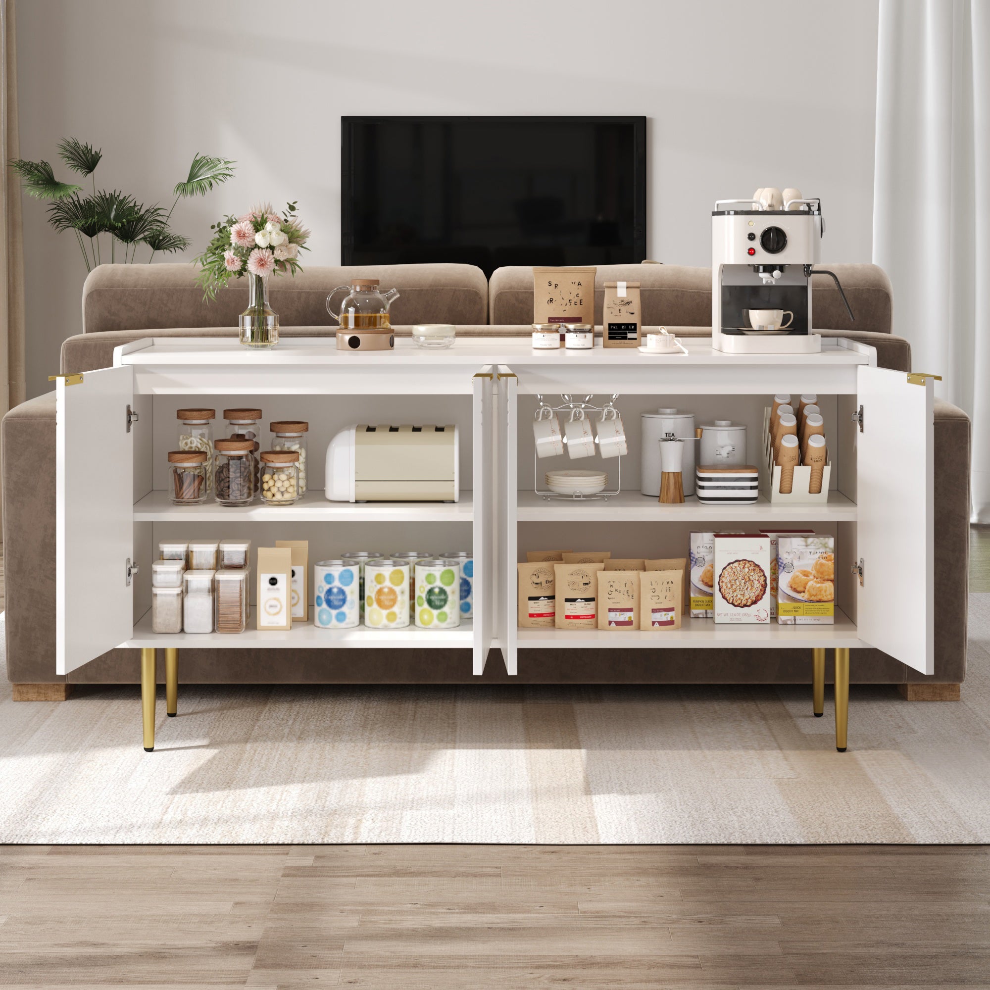 Nowoczesny buffet 140x38x75 cm - 4 fronty - Nogi metalowe - MDF - Biały - 4