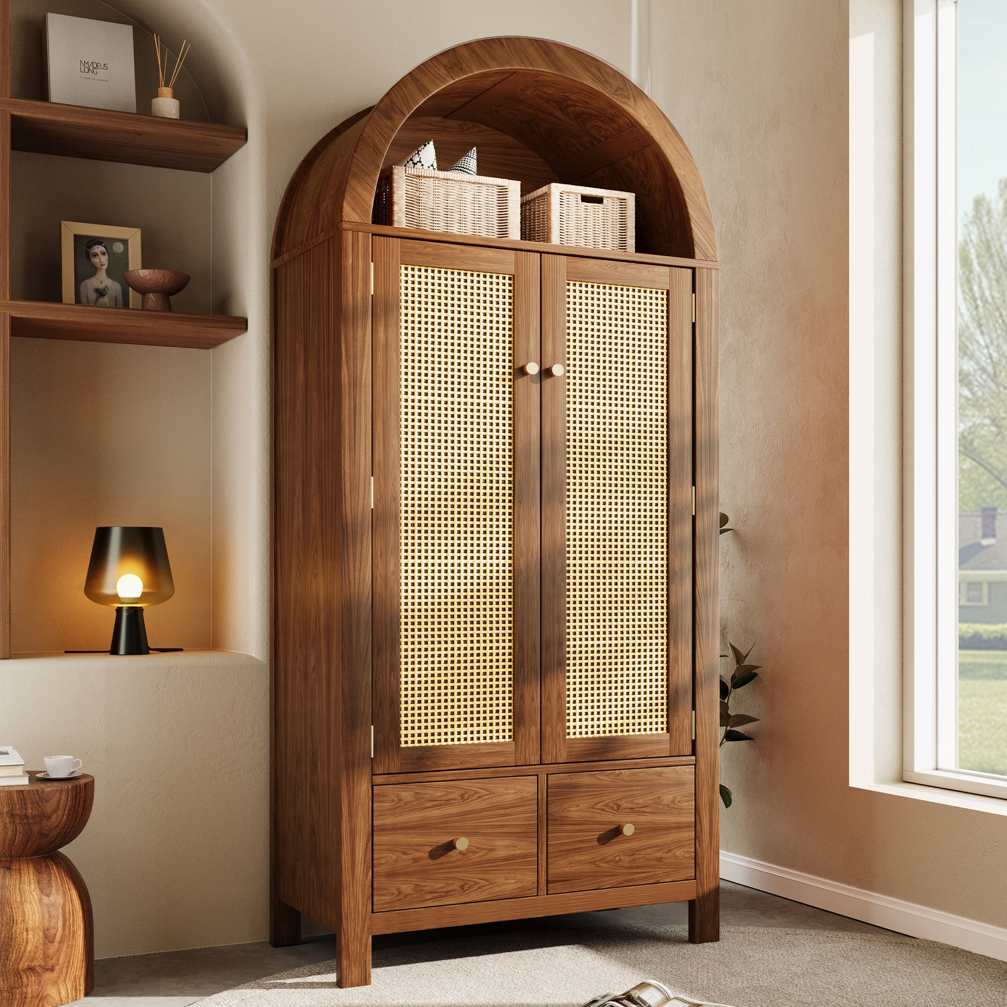 Armoire penderie avec Cannage en Rotin, 2 portes 2 tiroirs, étagère ouverte semi-ronde, fermeture magnétique, tringle vêtements, 181x78x45 cm, noyer - 3
