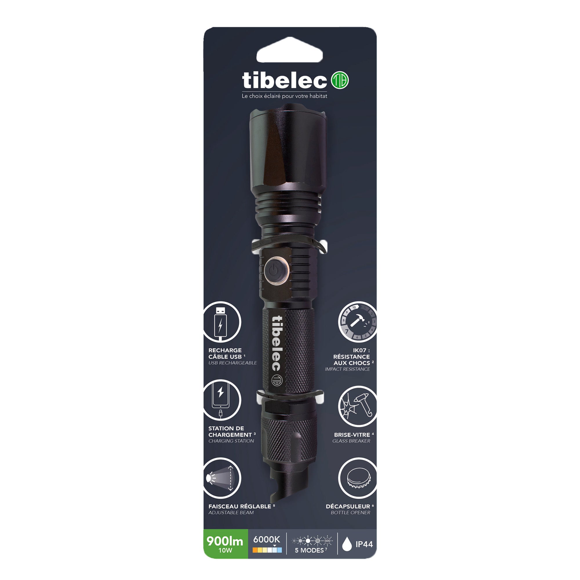 Lampe Torche LED rechargeable USB, 10W, 900 lumens, IP44, IK07, fonction brise vitre, decapsuleur, power bank - Tibelec - 10