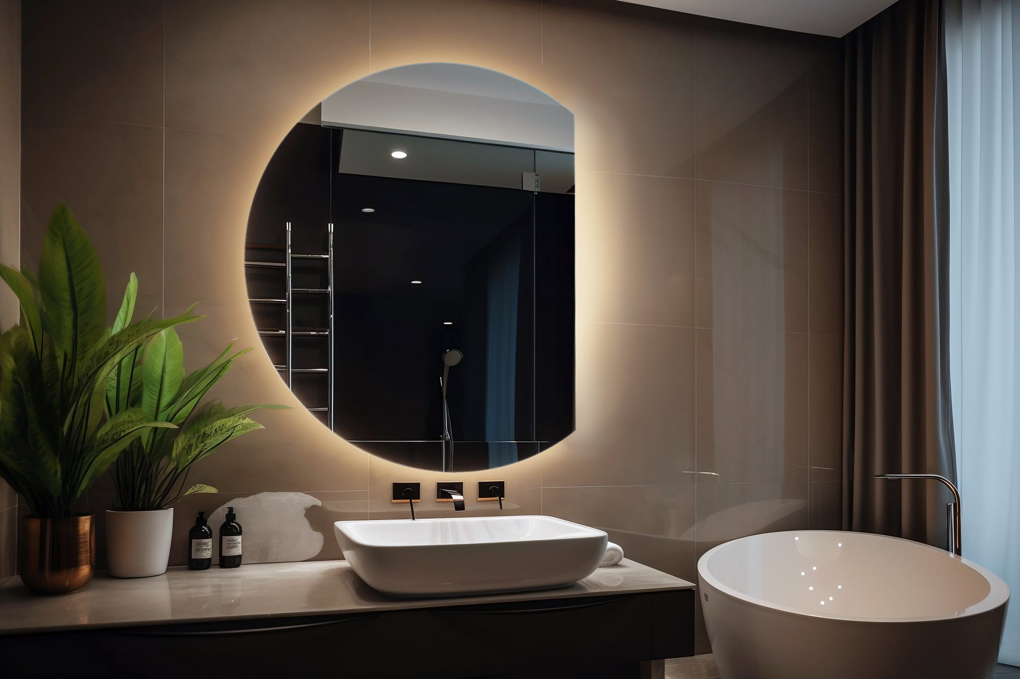 Grand miroir mural cercle coupé lumière chaude LED design 84x100 cm, ArtPrintCave - 2