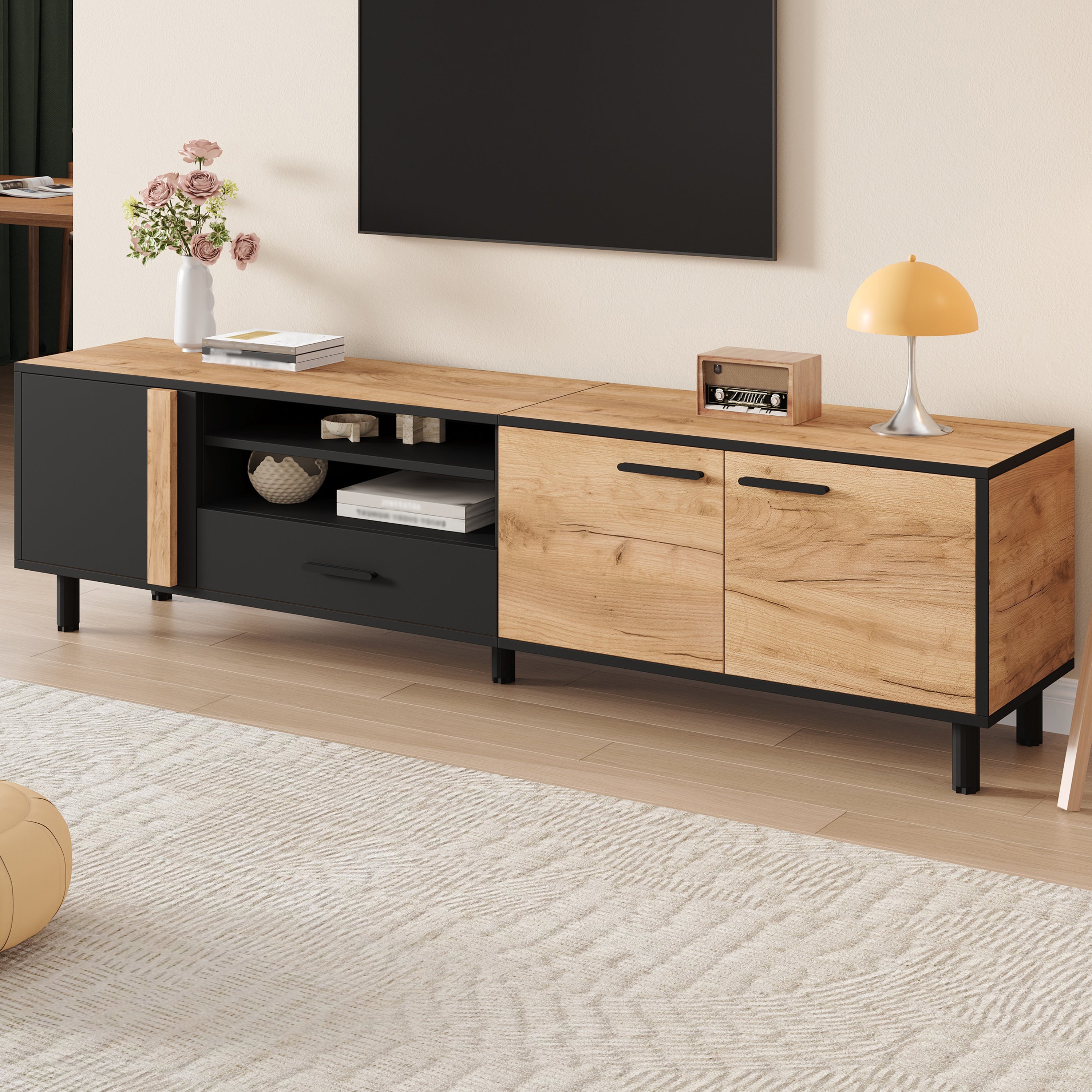 Meble TV 180x32.5x50 cm - 3 drzwi i 1 szuflada - Półotwarte przechowywanie - Płyta wiórowa - Czarny i naturalny