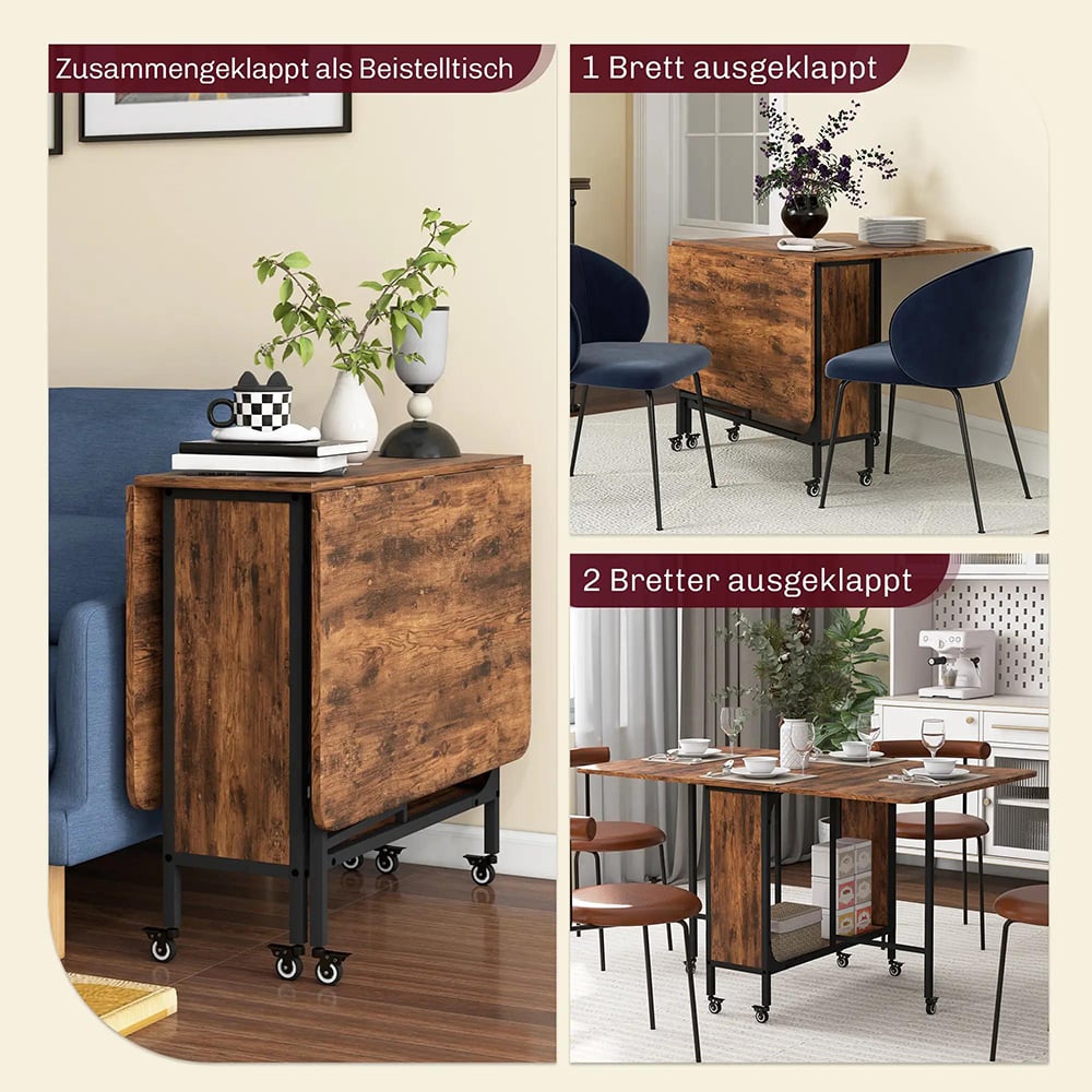 Tavolo da pranzo pieghevole, tavolo pieghevole mobile per 6 persone, con ripiano, capacità di carico fino a 50 kg, 130 x 80 x 74 cm, marrone rossastro - 4